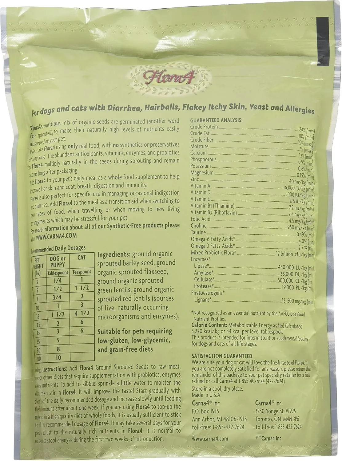 Carna4 Flora4 Ground Sprouted Seeds Food Topper for Dogs & Cats (18oz (Pack of 1), Flora4 Original)