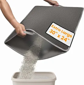 Cat Litter Box Mat for Multi-Cat Homes, 30"x24" XXL Waterproof Litter Trapper with Handles & 30% Wider Hex Grid, Double-Layer EVA Kitty Mat, Non-Slip Floor Protector, Gray