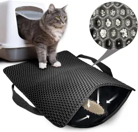 Cat Litter Mat, Honeycomb Double Layer Non-Slip Kitty Litter Box Mat, Waterproof and Urine Proof Cat Mat For Litter Catcher, Litter Box Mat Scatter Control (Black, 23x15 Inch)