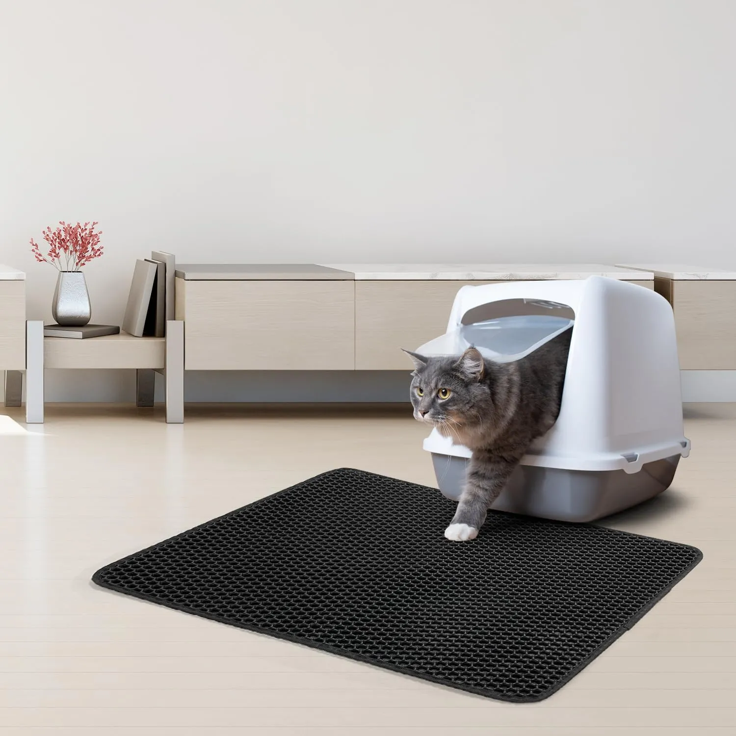 Cat Litter Mat, Honeycomb Double Layer Non-Slip Kitty Litter Box Mat, Waterproof and Urine Proof Cat Mat For Litter Catcher, Litter Box Mat Scatter Control (Black, 23x15 Inch)