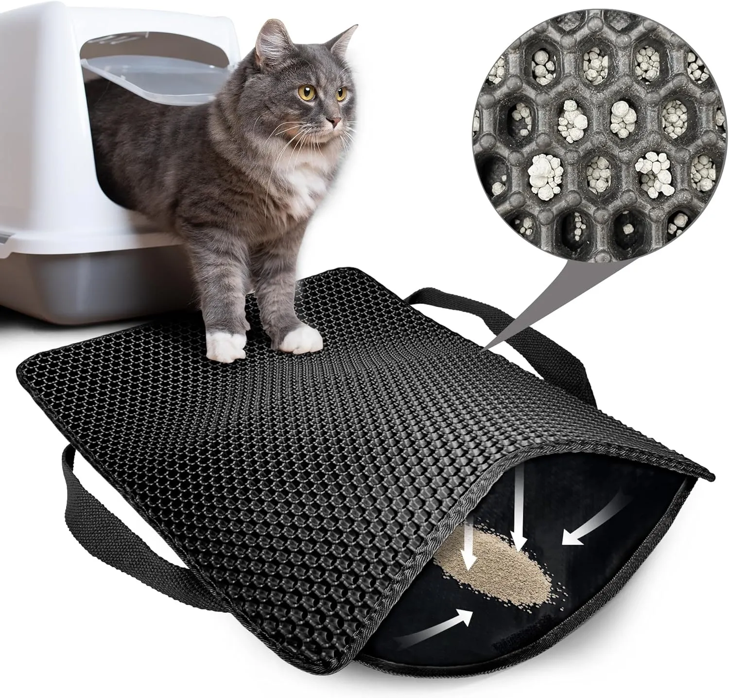Cat Litter Mat, Honeycomb Double Layer Non-Slip Kitty Litter Box Mat, Waterproof and Urine Proof Cat Mat For Litter Catcher, Litter Box Mat Scatter Control (Black, 23x15 Inch)
