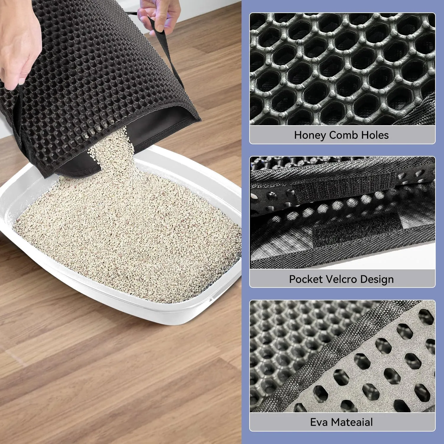 Cat Litter Mat, Honeycomb Double Layer Non-Slip Kitty Litter Box Mat, Waterproof and Urine Proof Cat Mat For Litter Catcher, Litter Box Mat Scatter Control (Black, 23x15 Inch)