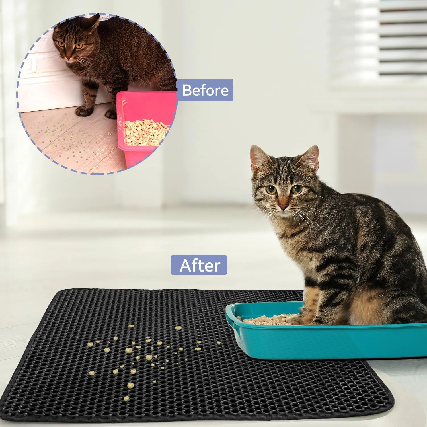 Cat Litter Mat, Honeycomb Double Layer Non-Slip Kitty Litter Box Mat, Waterproof and Urine Proof Cat Mat For Litter Catcher, Litter Box Mat Scatter Control (Black, 23x15 Inch)