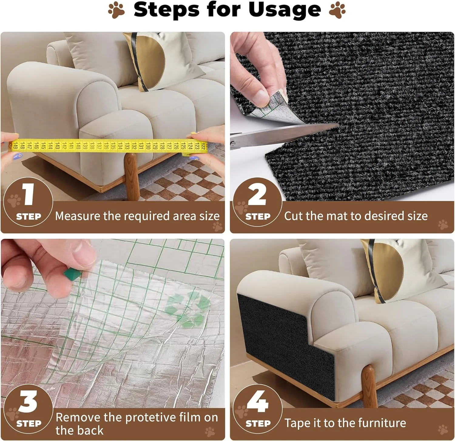 Cat Scratch Furniture Protector, Couch Protector from Cat Claws, Trimmable DIY Cat Scratch Pad Mat for Leather, Sofa, Wall, Couch Corner and Cat Tower, 78.7"x15.8"Self-Adhesive(Black)