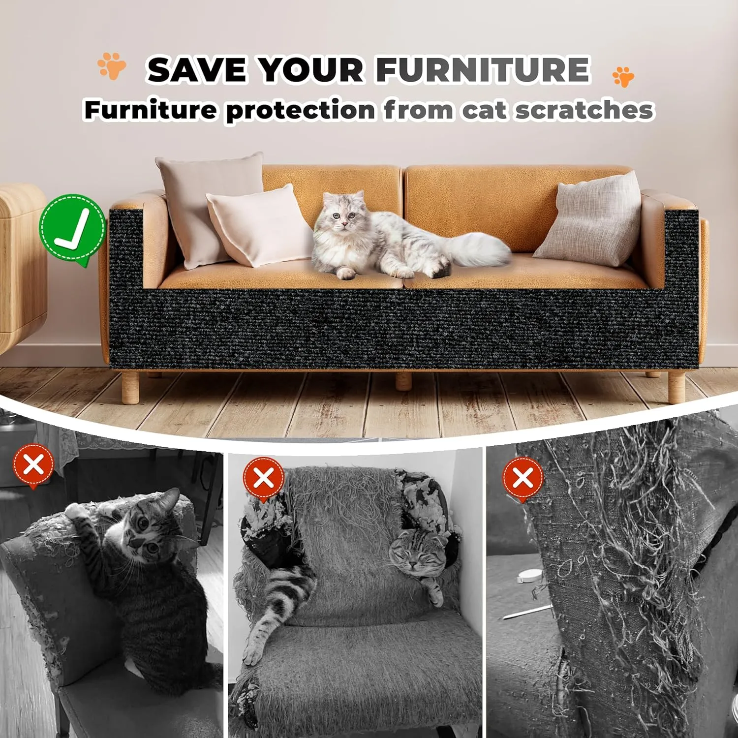 Cat Scratch Furniture Protector, Couch Protector from Cat Claws, Trimmable DIY Cat Scratch Pad Mat for Leather, Sofa, Wall, Couch Corner and Cat Tower, 78.7"x15.8"Self-Adhesive(Black)
