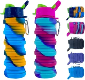 Collapsible Silicone Water Bottles 2 Pack - 500ml Portable Expandable Sport Bottle with Carabiner for Travel & Camping (Yellow Camouflage   Rose Red)