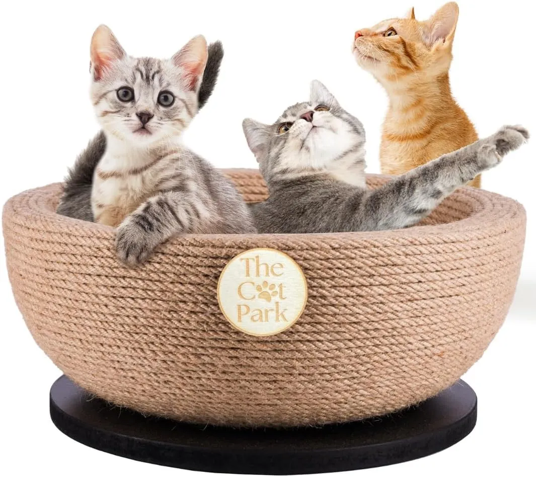 Da Bowl  2-in-1 Sisal Cat Scratcher Bed with Catnip & Solid Wood Base for Indoor Cats, Round Scratching Nest, Jute Scratching Lounge Couch, Durable Pre-Assembled Cat Furniture, 13.8x5.9