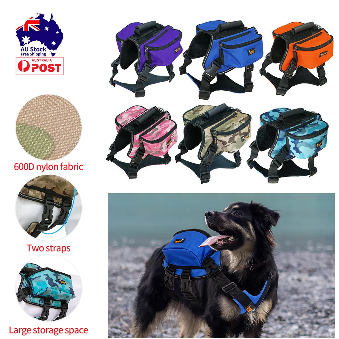 Dog Backpack Harness Pet Carrier Saddle Bag Reflective Adjustable Outdoor Hiking