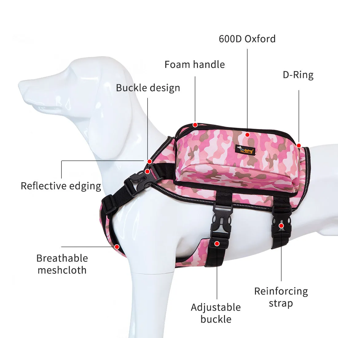 Dog Backpack Harness Pet Carrier Saddle Bag Reflective Adjustable Outdoor Hiking