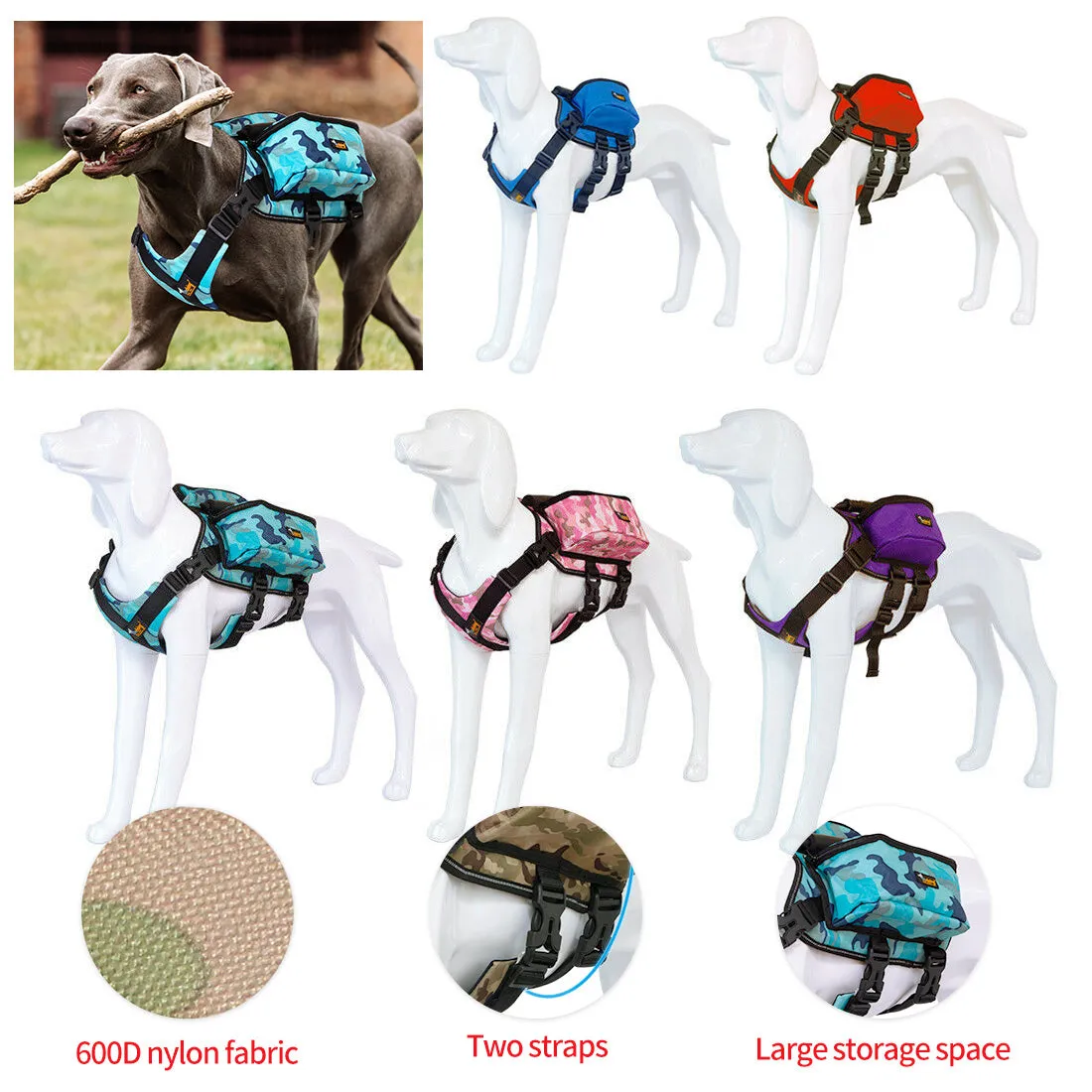 Dog Backpack Harness Pet Carrier Saddle Bag Reflective Adjustable Outdoor Hiking