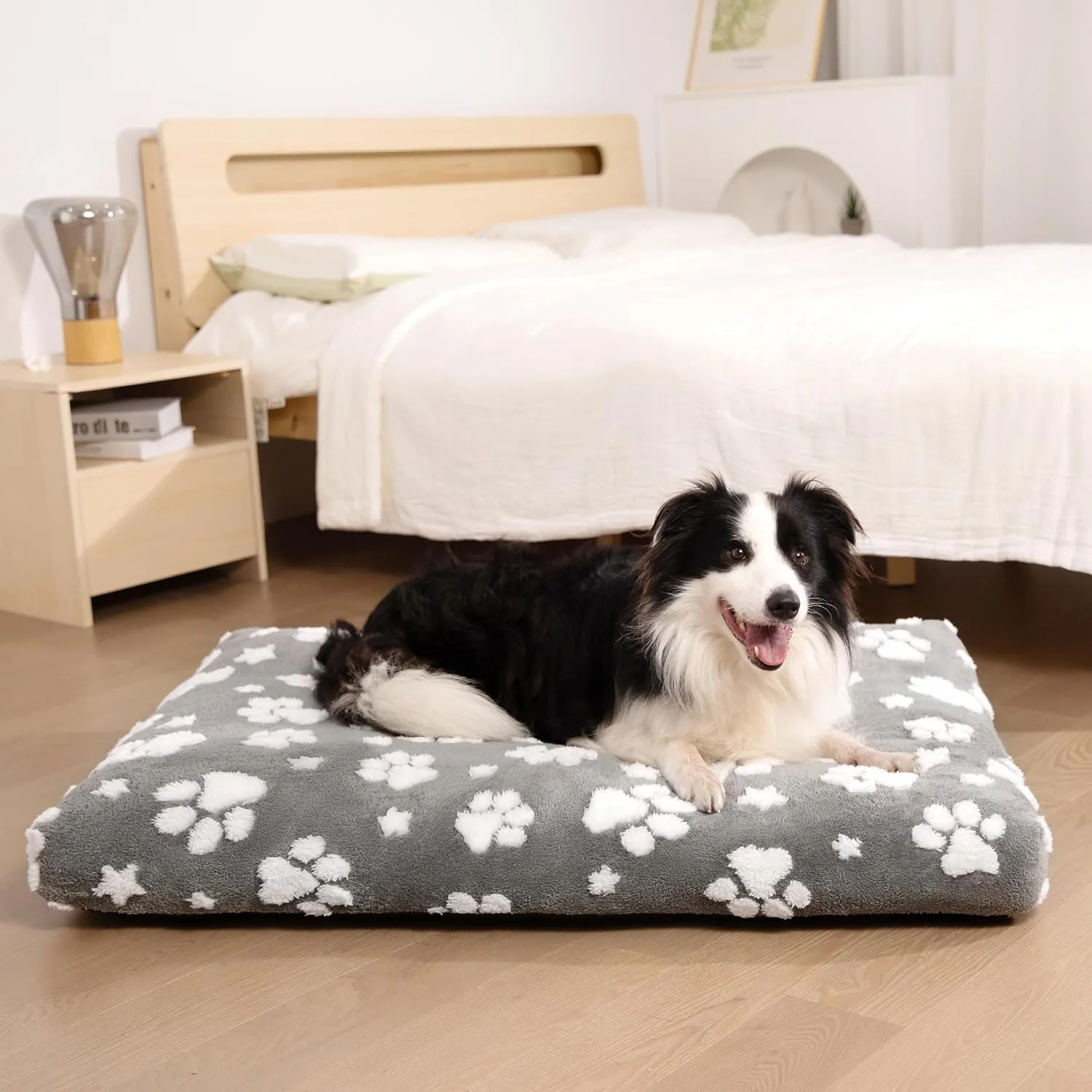 Dog Beds for Small Medium Dogs, Cute Thick Dog Bed for Crate Kennel, Fluffy Pet Bed with Removable Washable Cover and Anti-Slip Bottom, 30"x 20", Grey Paw