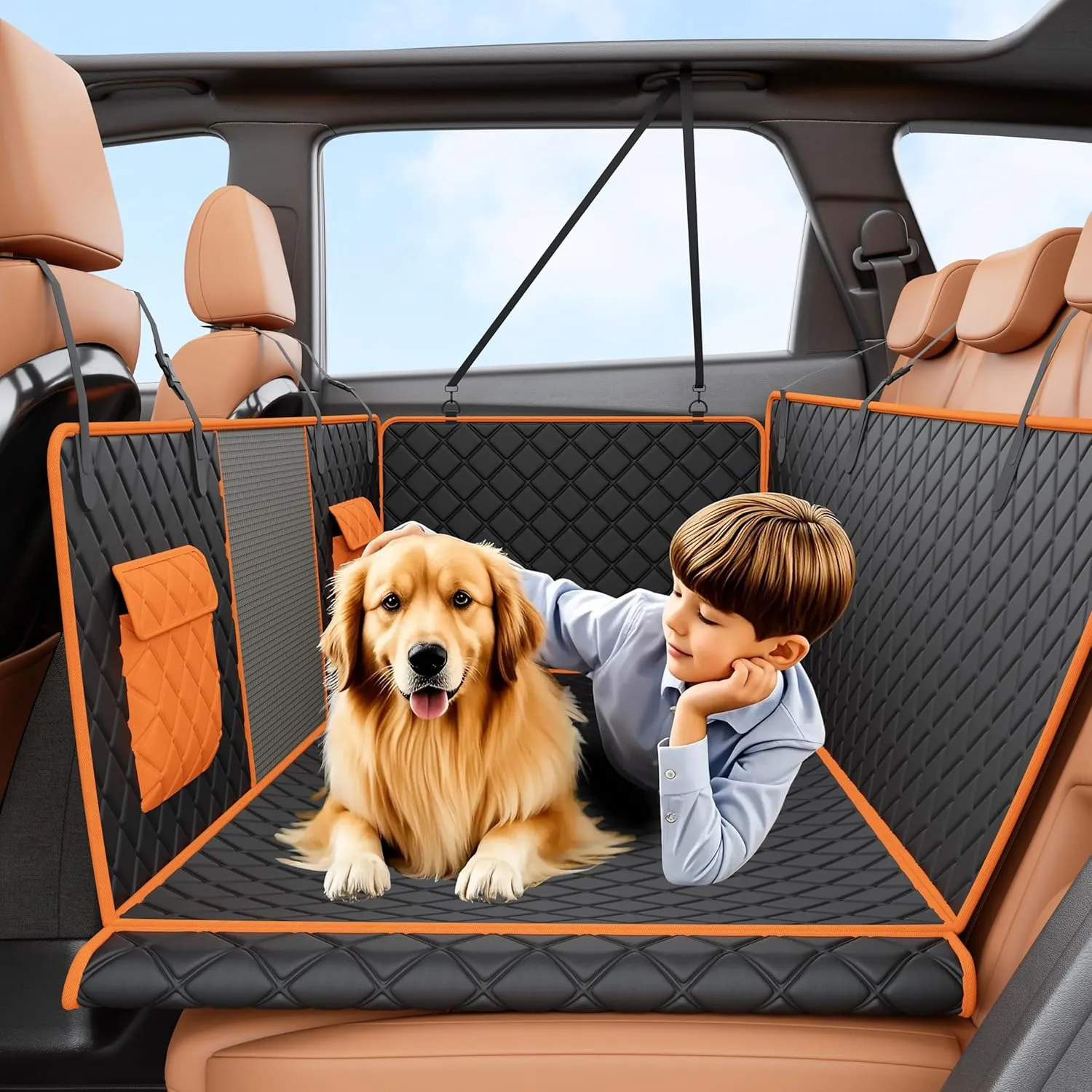 Dog Car Seat Cover for Back Seat - Hard Bottom Backseat Hammock for SUV, Holds 400lb, Waterproof Scratch Proof Non-Slip Durable Soft Rear Seat Protector, Black