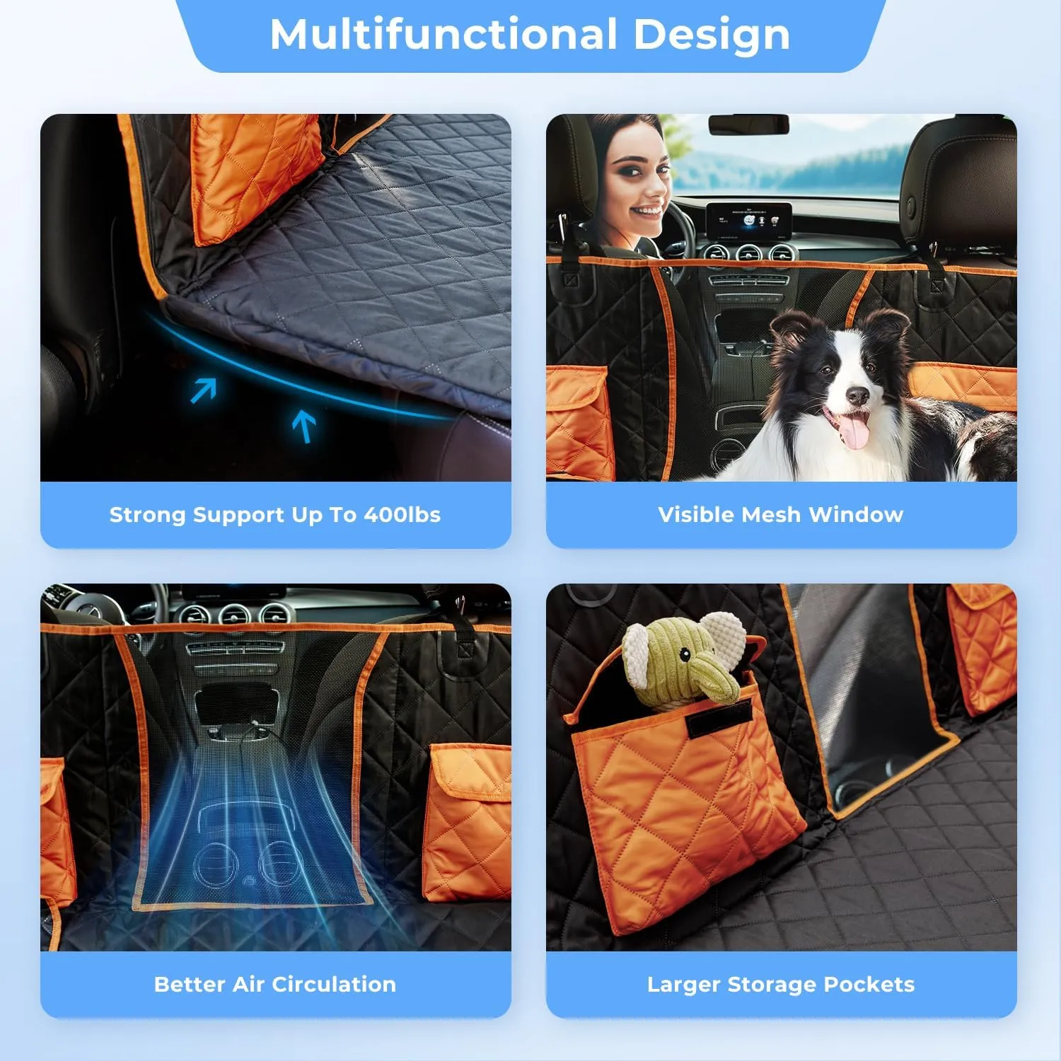 Dog Car Seat Cover for Back Seat - Hard Bottom Backseat Hammock for SUV, Holds 400lb, Waterproof Scratch Proof Non-Slip Durable Soft Rear Seat Protector, Black