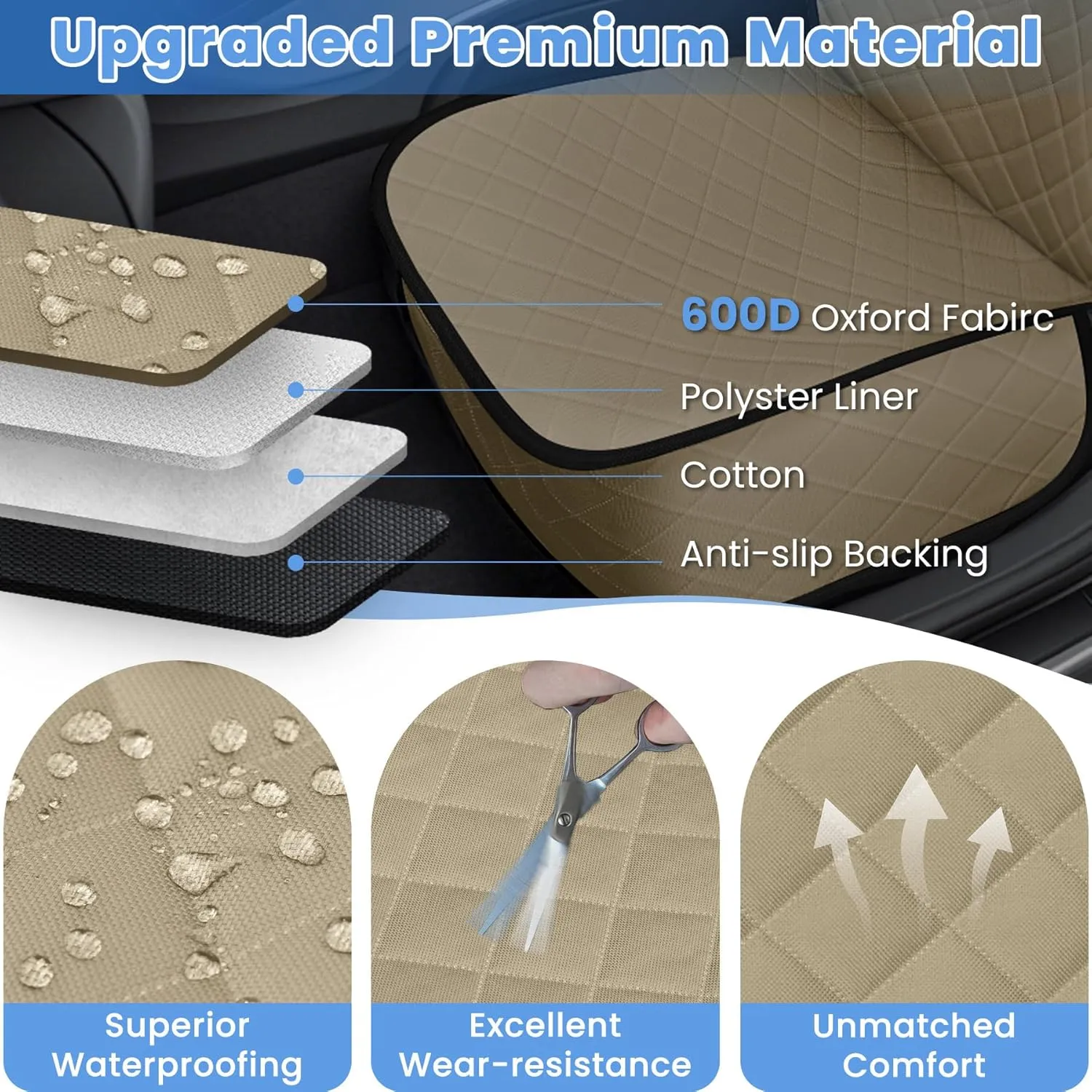 Dog Car Seat Covers, Waterproof Front Seat Cover for Dogs, Scratch-Proof, Nonslip Pet Passenger Seat Cover Protector, Universal Fit for Cars Trucks SUVs, Standard Size, Khaki
