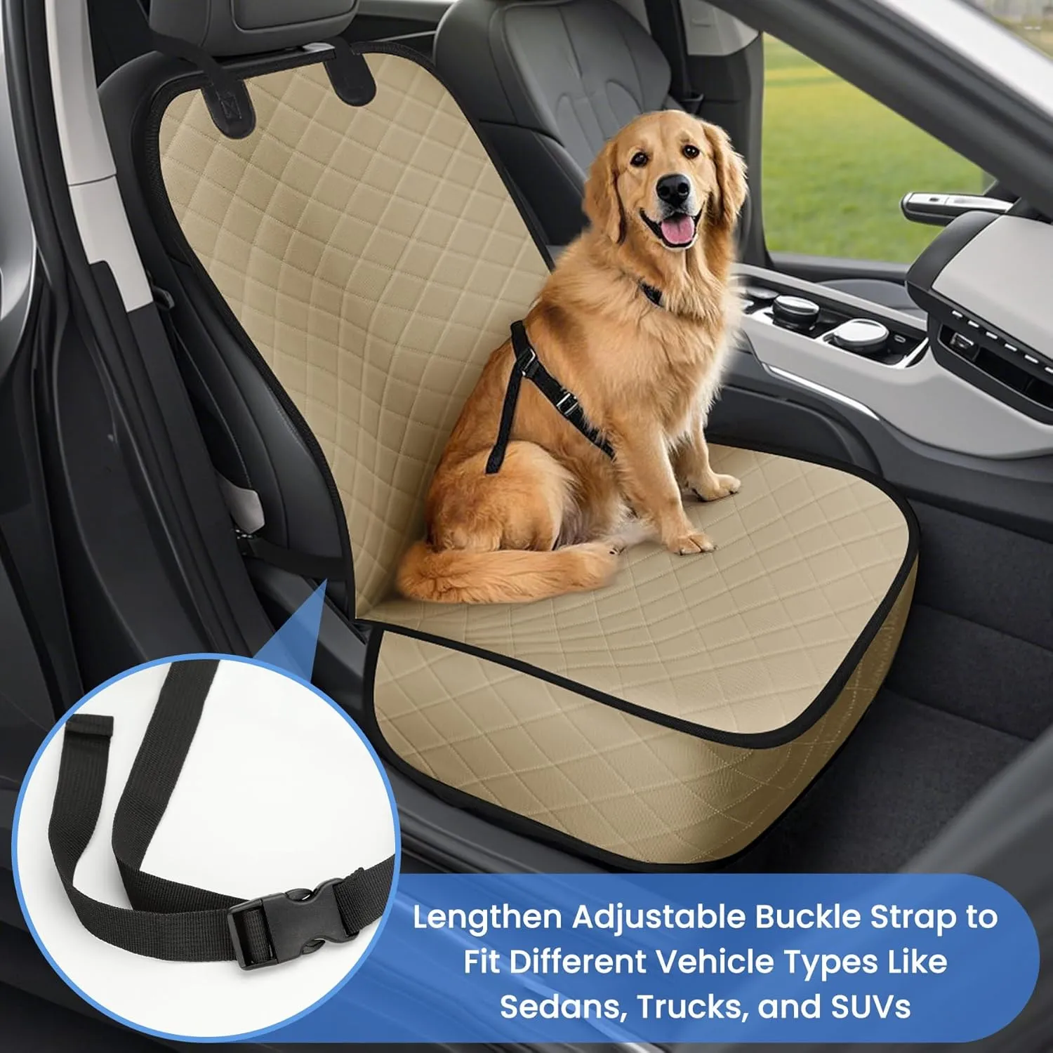 Dog Car Seat Covers, Waterproof Front Seat Cover for Dogs, Scratch-Proof, Nonslip Pet Passenger Seat Cover Protector, Universal Fit for Cars Trucks SUVs, Standard Size, Khaki