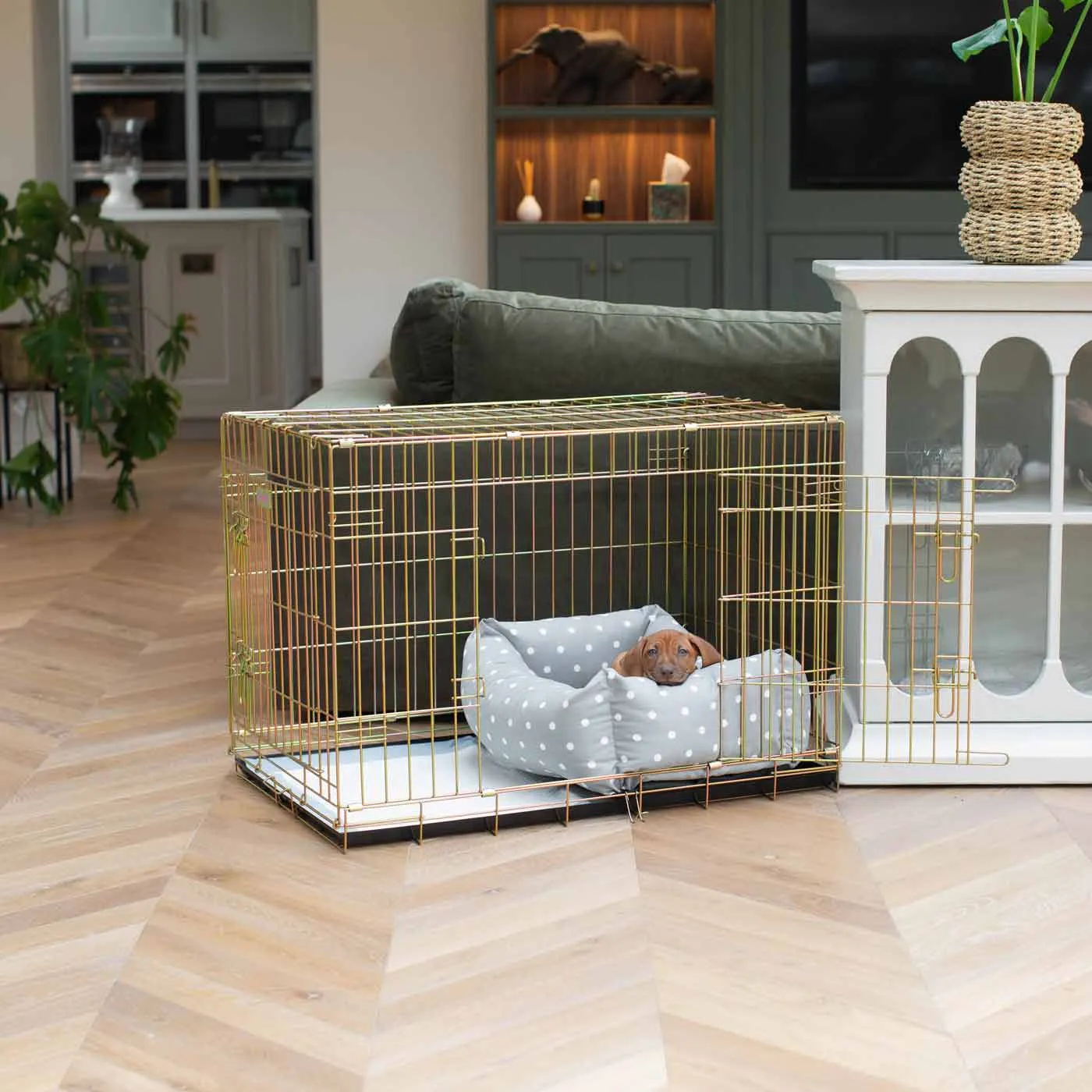 Dog Crate with Cosy & Calming Puppy Crate Bed in Grey Spot by Lords & Labradors
