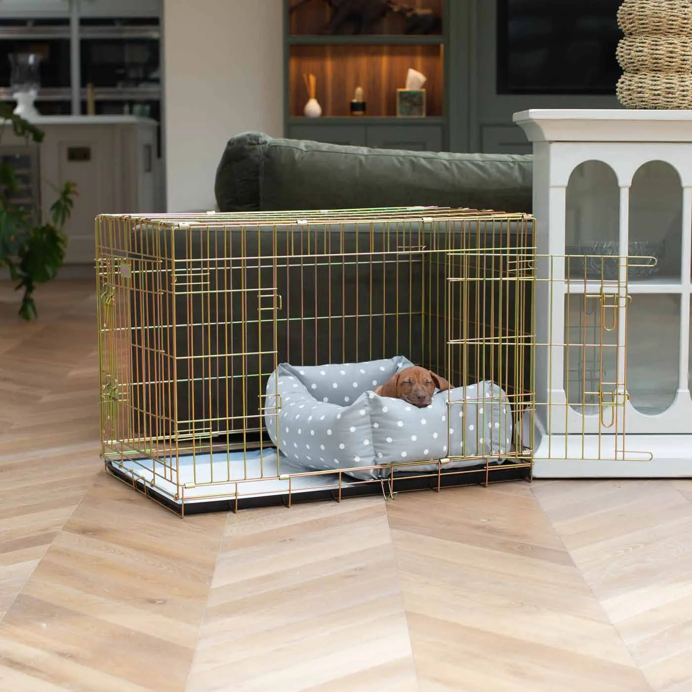 Dog Crate with Cosy & Calming Puppy Crate Bed in Grey Spot by Lords & Labradors