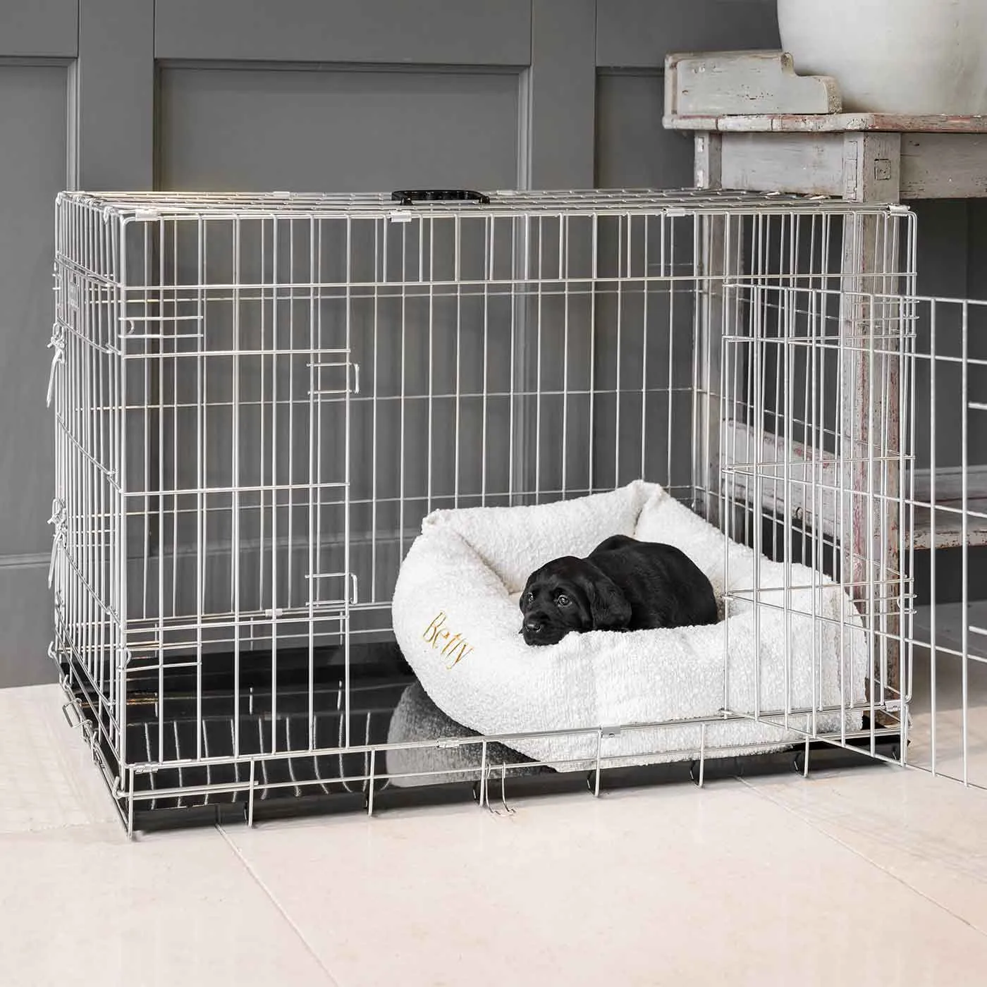 Dog Crate with Cosy & Calming Puppy Crate Bed in Ivory Bouclé by Lords & Labradors