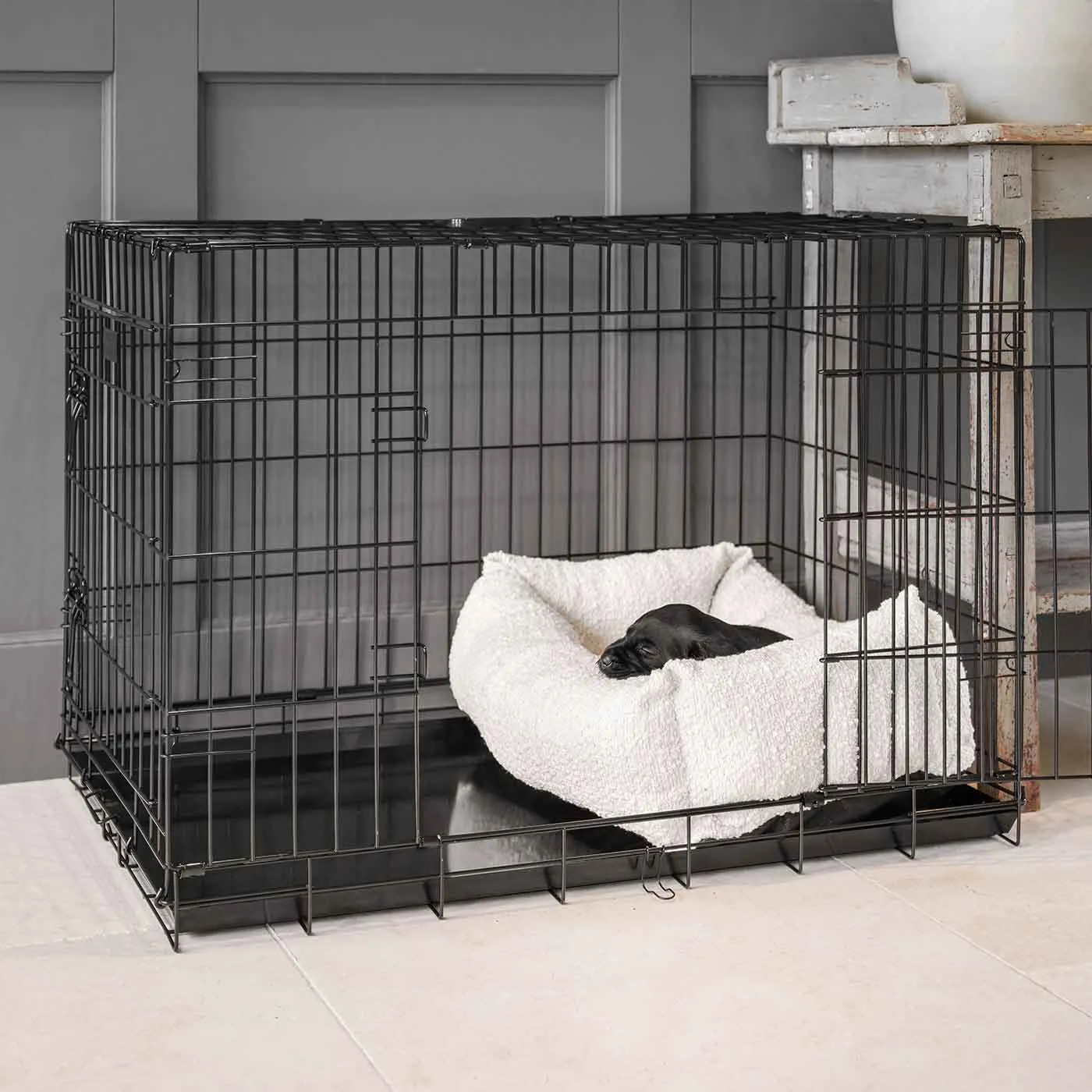 Dog Crate with Cosy & Calming Puppy Crate Bed in Ivory Bouclé by Lords & Labradors