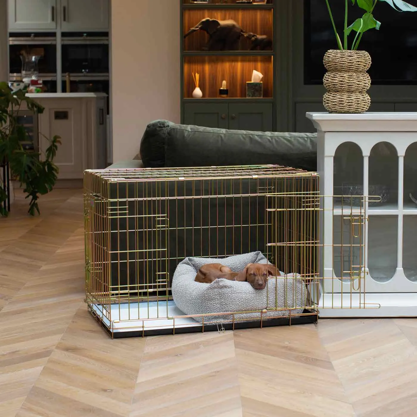 Dog Crate with Cosy & Calming Puppy Crate Bed in Mink Bouclé by Lords & Labradors