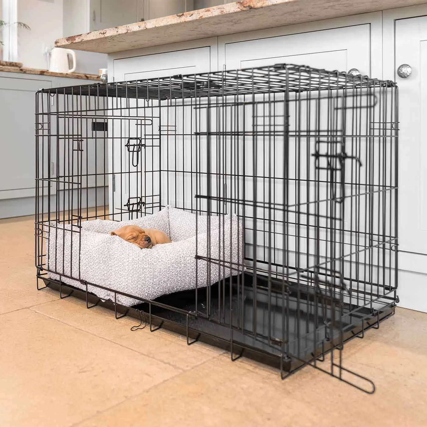 Dog Crate with Cosy & Calming Puppy Crate Bed in Mink Bouclé by Lords & Labradors