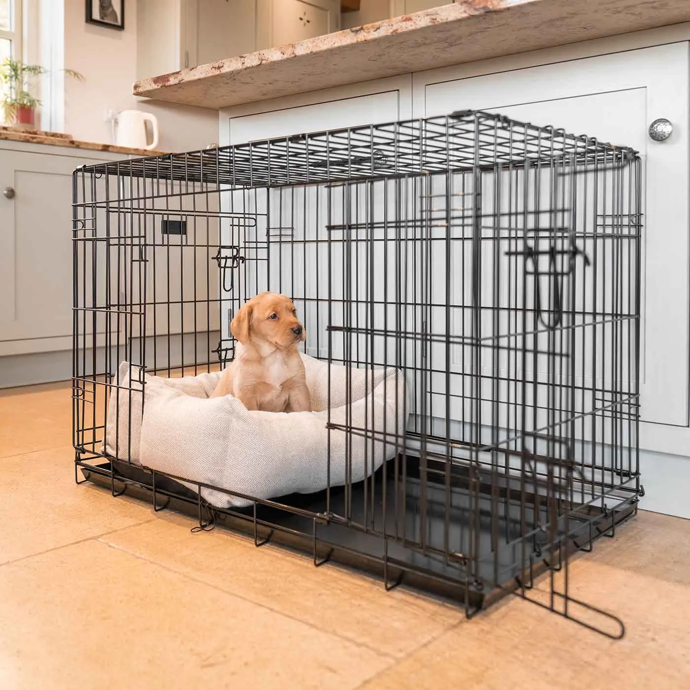 Dog Crate with Cosy & Calming Puppy Crate Bed in Natural Herringbone by Lords & Labradors