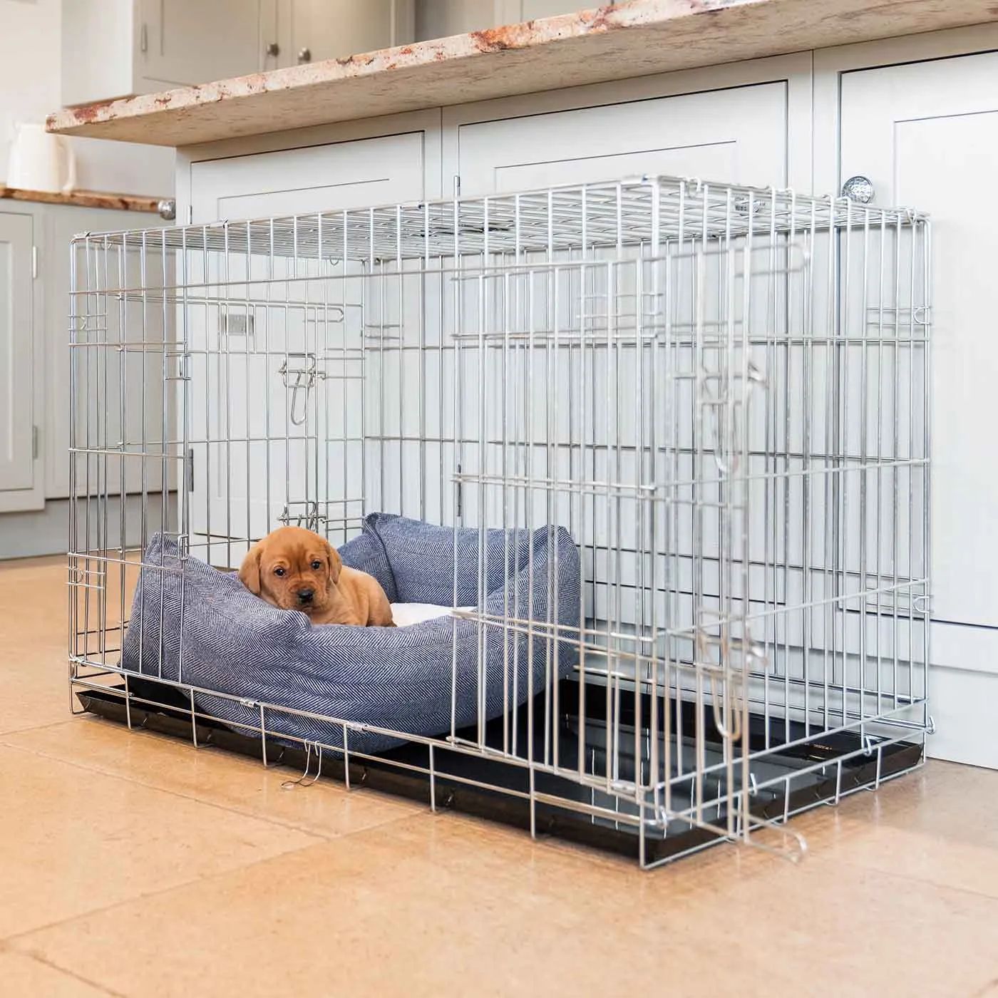 Dog Crate with Cosy & Calming Puppy Crate Bed in Oxford Herringbone by Lords & Labradors