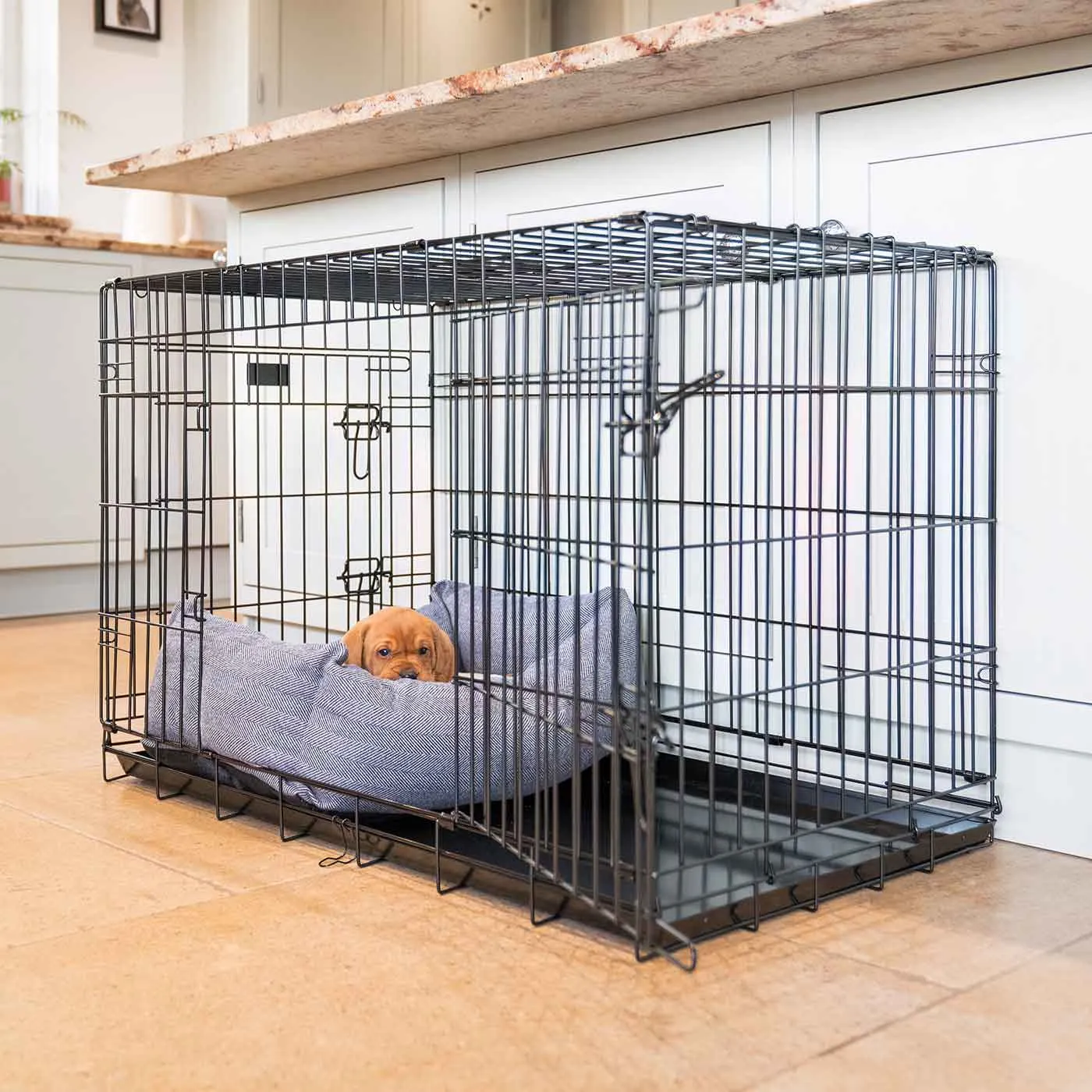 Dog Crate with Cosy & Calming Puppy Crate Bed in Oxford Herringbone by Lords & Labradors