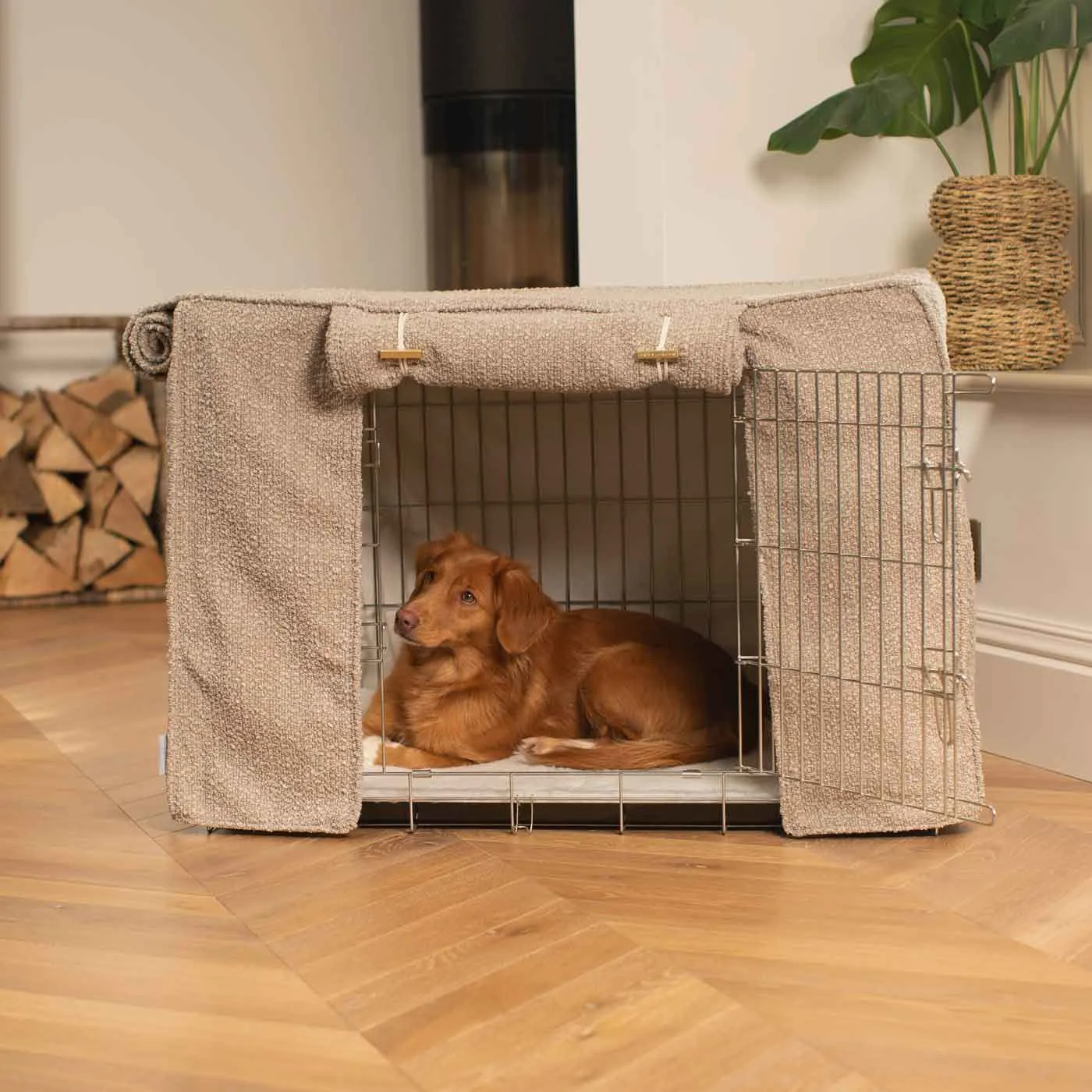 Dog Crate with Crate Cover in Mink Bouclé by Lords & Labradors
