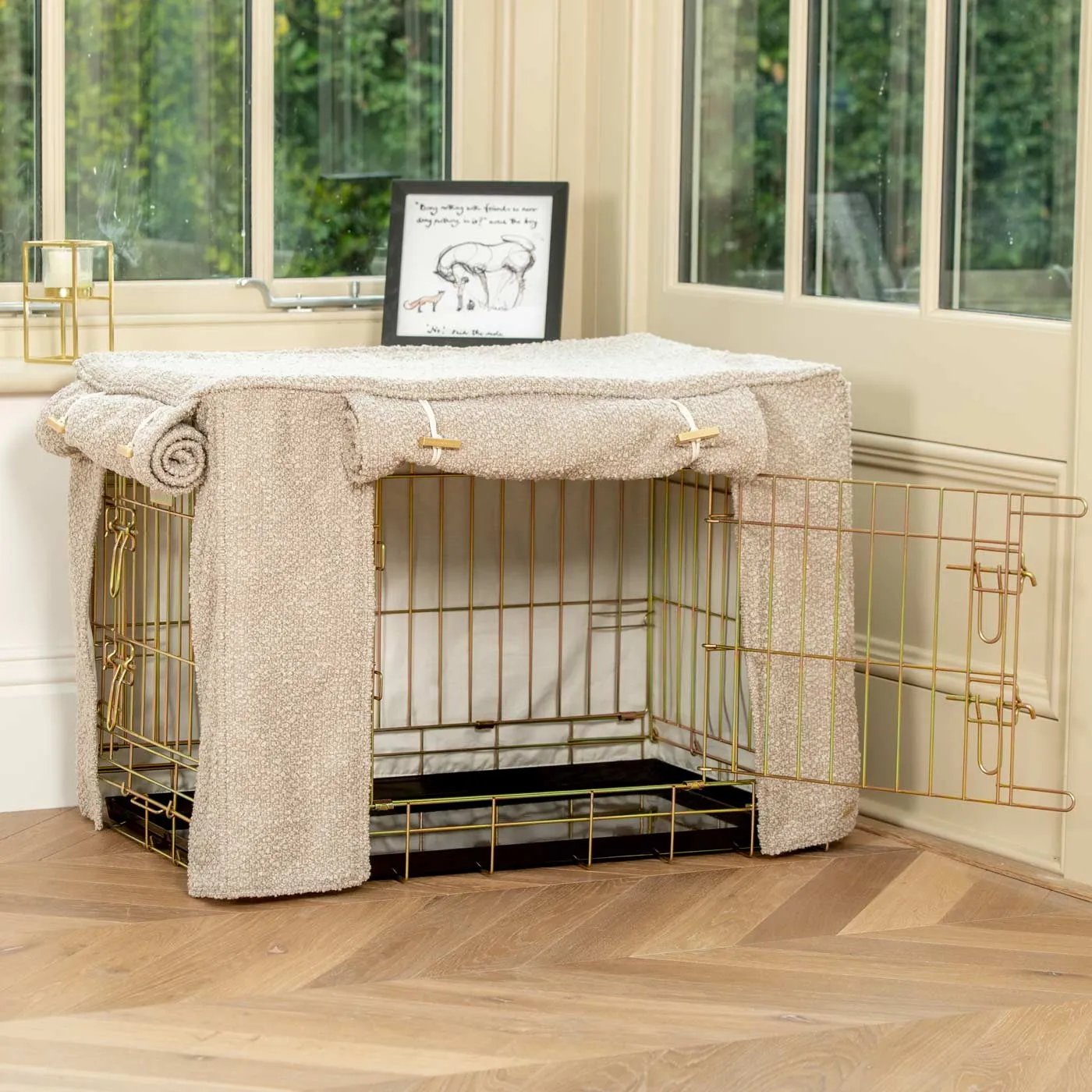 Dog Crate with Crate Cover in Mink Bouclé by Lords & Labradors
