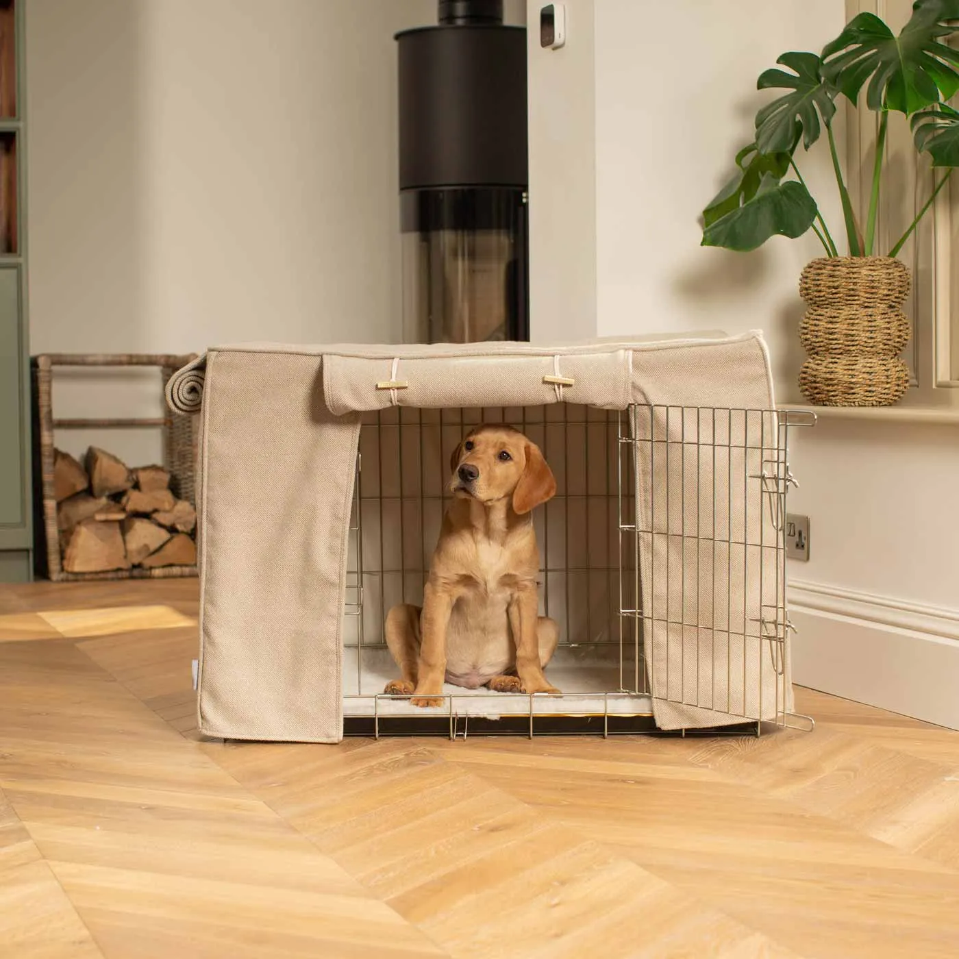 Dog Crate with Crate Cover in Natural Herringbone by Lords & Labradors