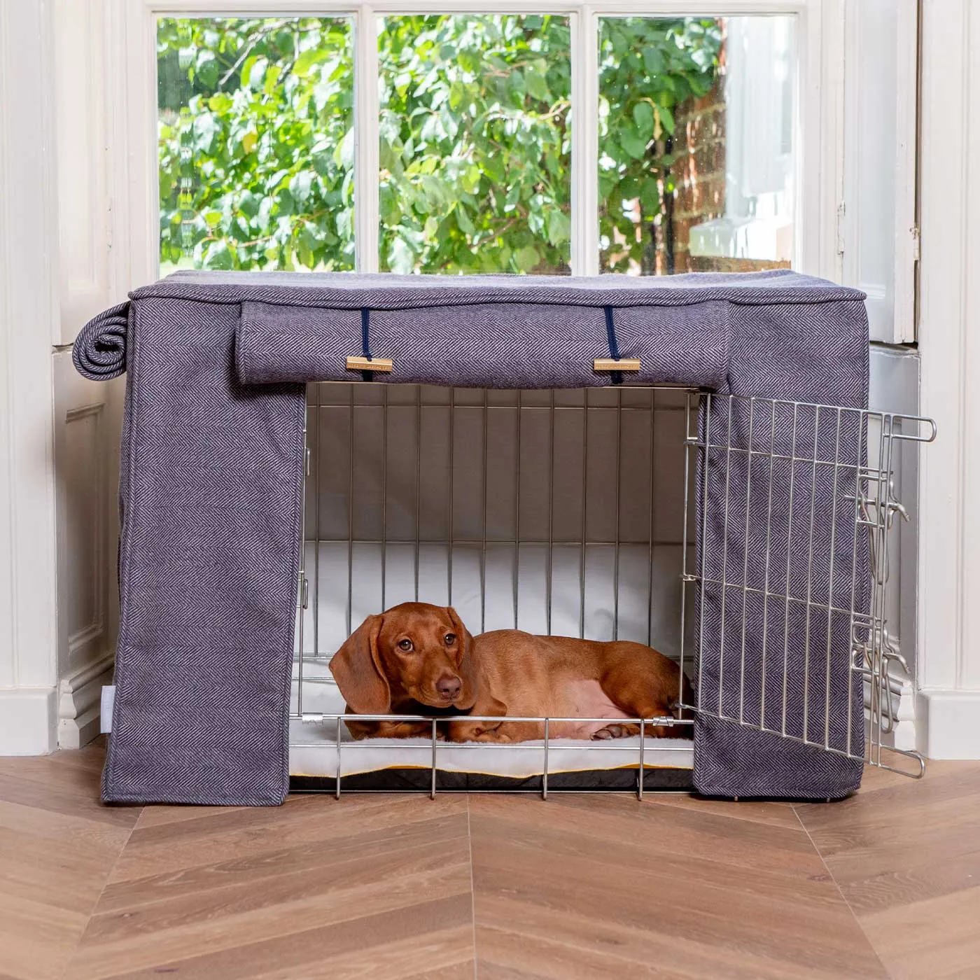 Dog Crate with Crate Cover in Oxford Herringbone by Lords & Labradors