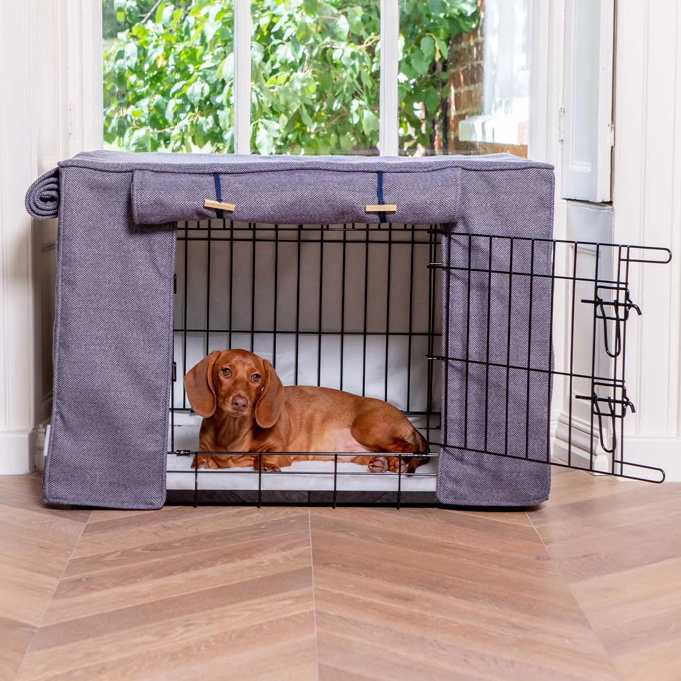 Dog Crate with Crate Cover in Oxford Herringbone by Lords & Labradors