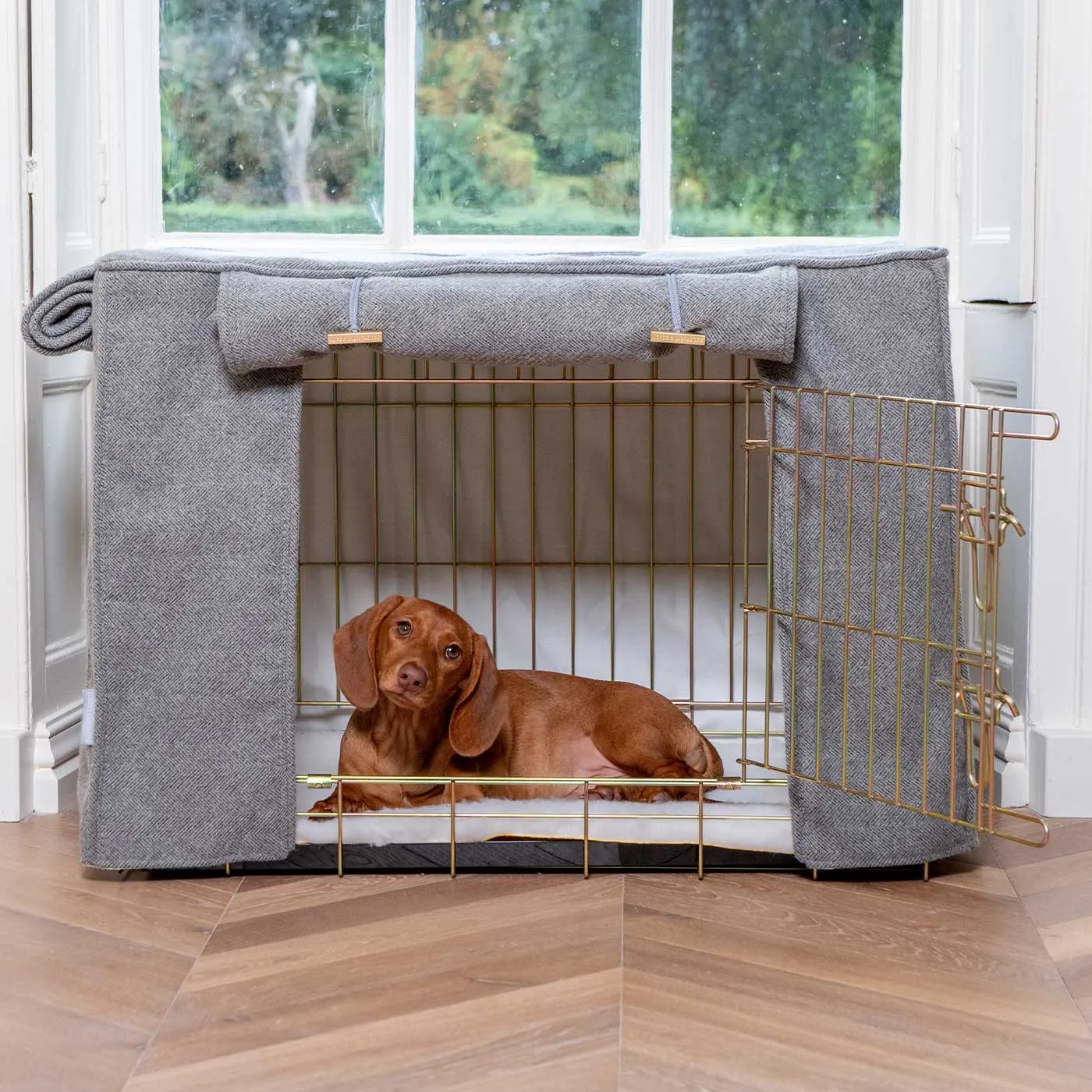 Dog Crate with Crate Cover in Pewter Herringbone by Lords & Labradors
