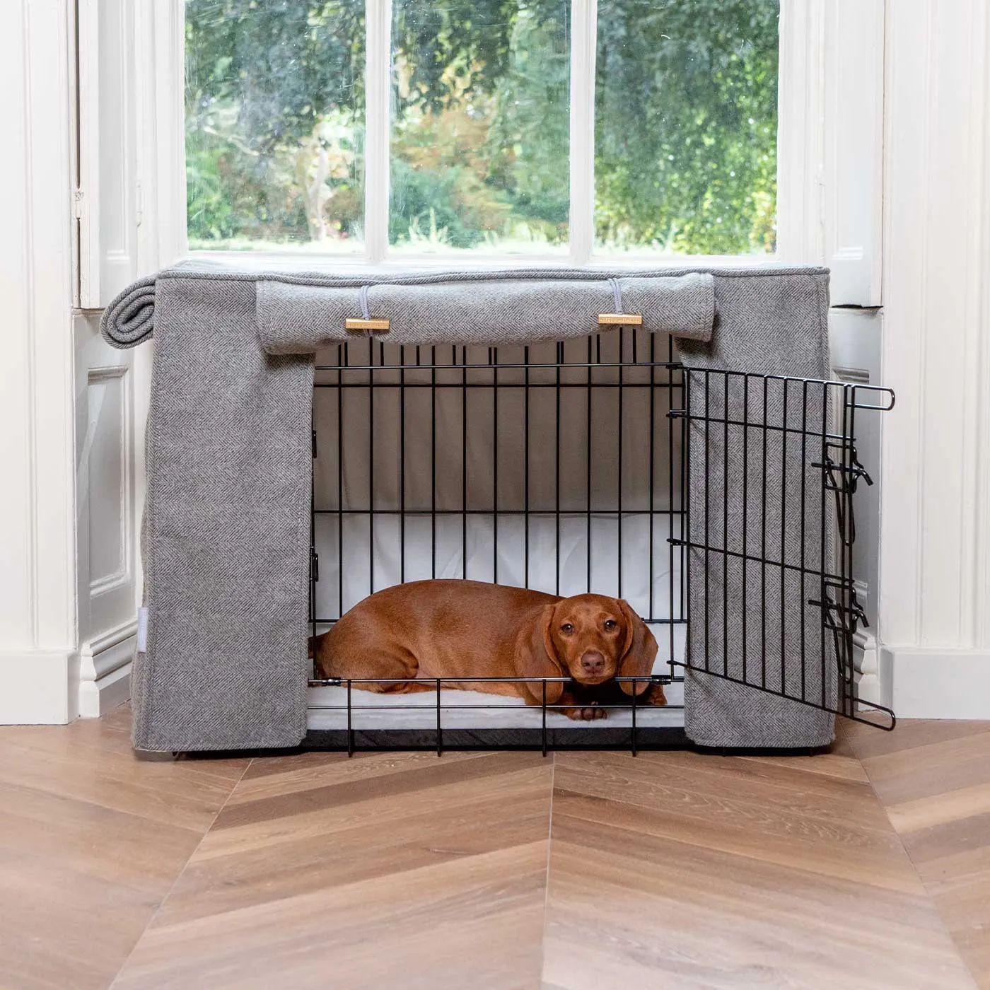 Dog Crate with Crate Cover in Pewter Herringbone by Lords & Labradors