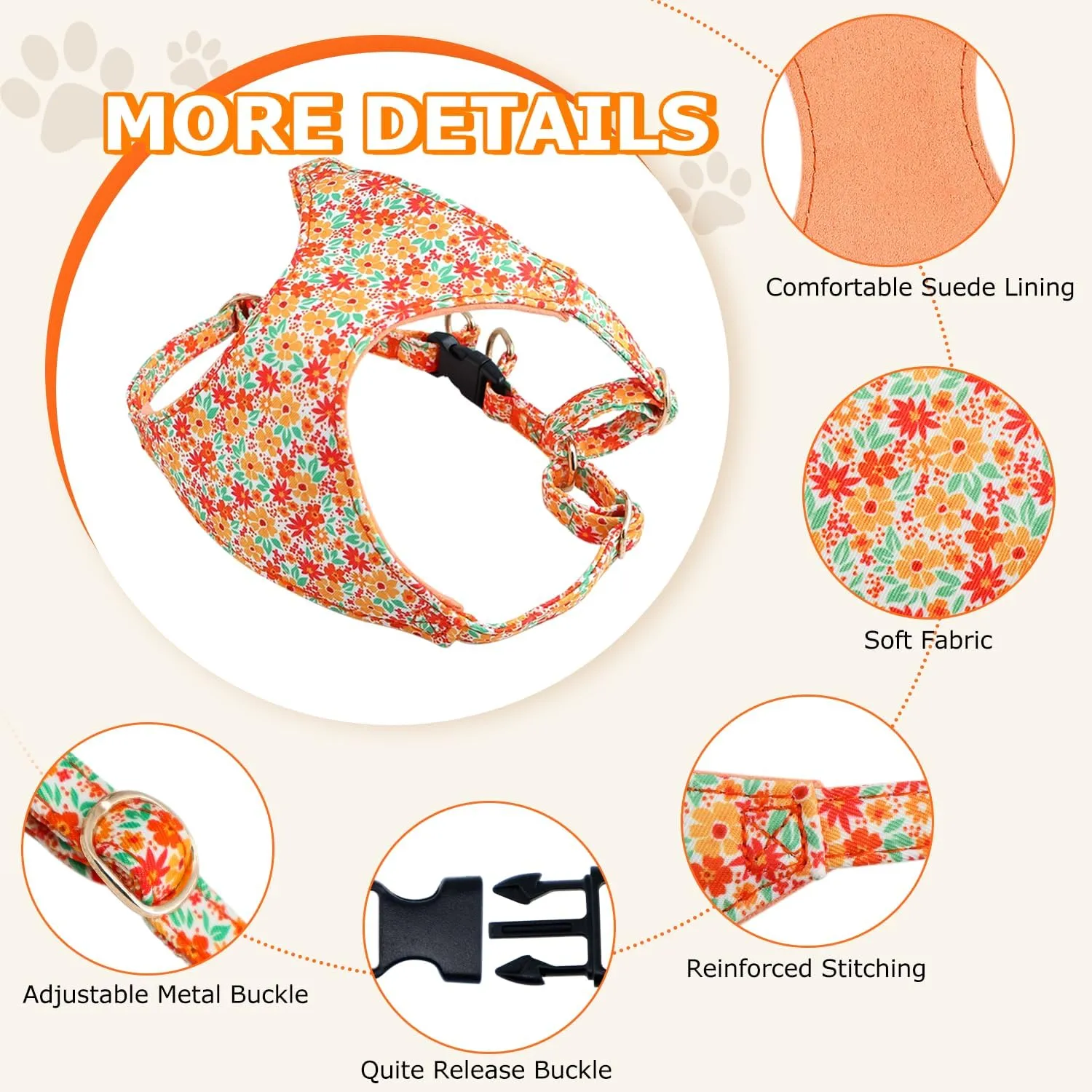 Dog Harness and Leash Set, Adjustable Soft Comfortable No Choke Dog Vest Harness with Leash, No Pull Floral Puppy Dog Harness for Small Medium Dogs
