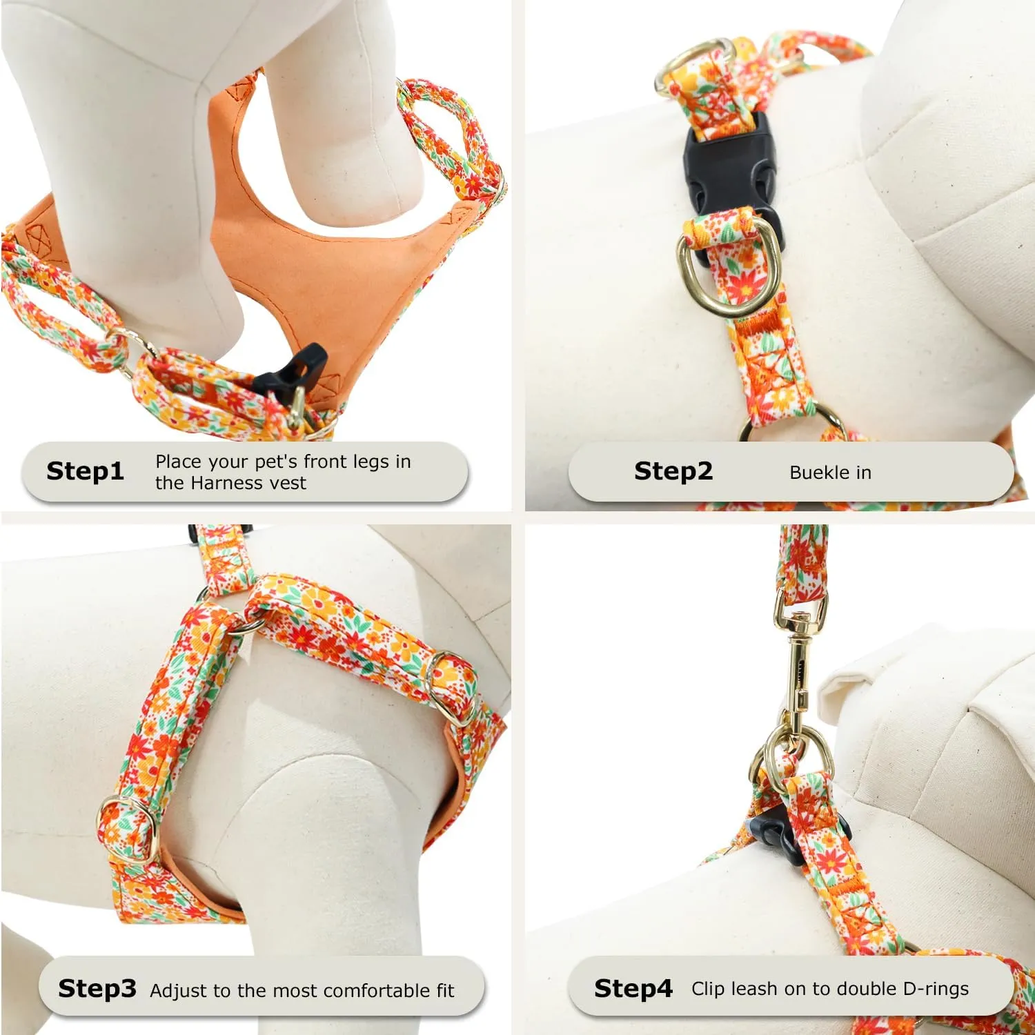 Dog Harness and Leash Set, Adjustable Soft Comfortable No Choke Dog Vest Harness with Leash, No Pull Floral Puppy Dog Harness for Small Medium Dogs