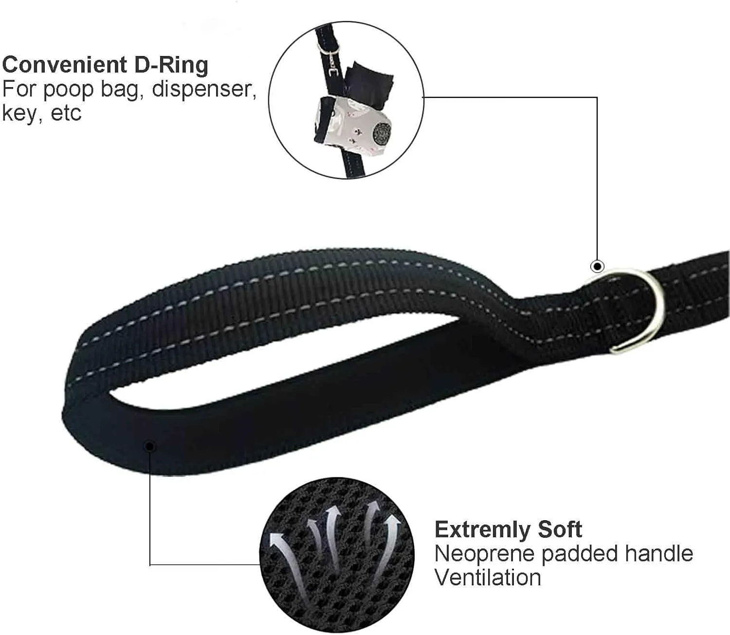 Dual Padded Handle Walking And Training Standard Leashes For Large Dogs With Reflective Stitching,360 Rotatable Heavy Duty Metal Buckle,D-Ring,Durable Nylon,6Ft Long For Big Dogs Over 70 Pounds Black