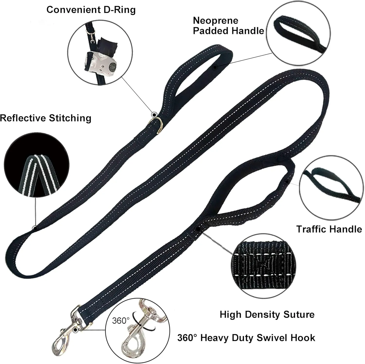 Dual Padded Handle Walking And Training Standard Leashes For Large Dogs With Reflective Stitching,360 Rotatable Heavy Duty Metal Buckle,D-Ring,Durable Nylon,6Ft Long For Big Dogs Over 70 Pounds Black