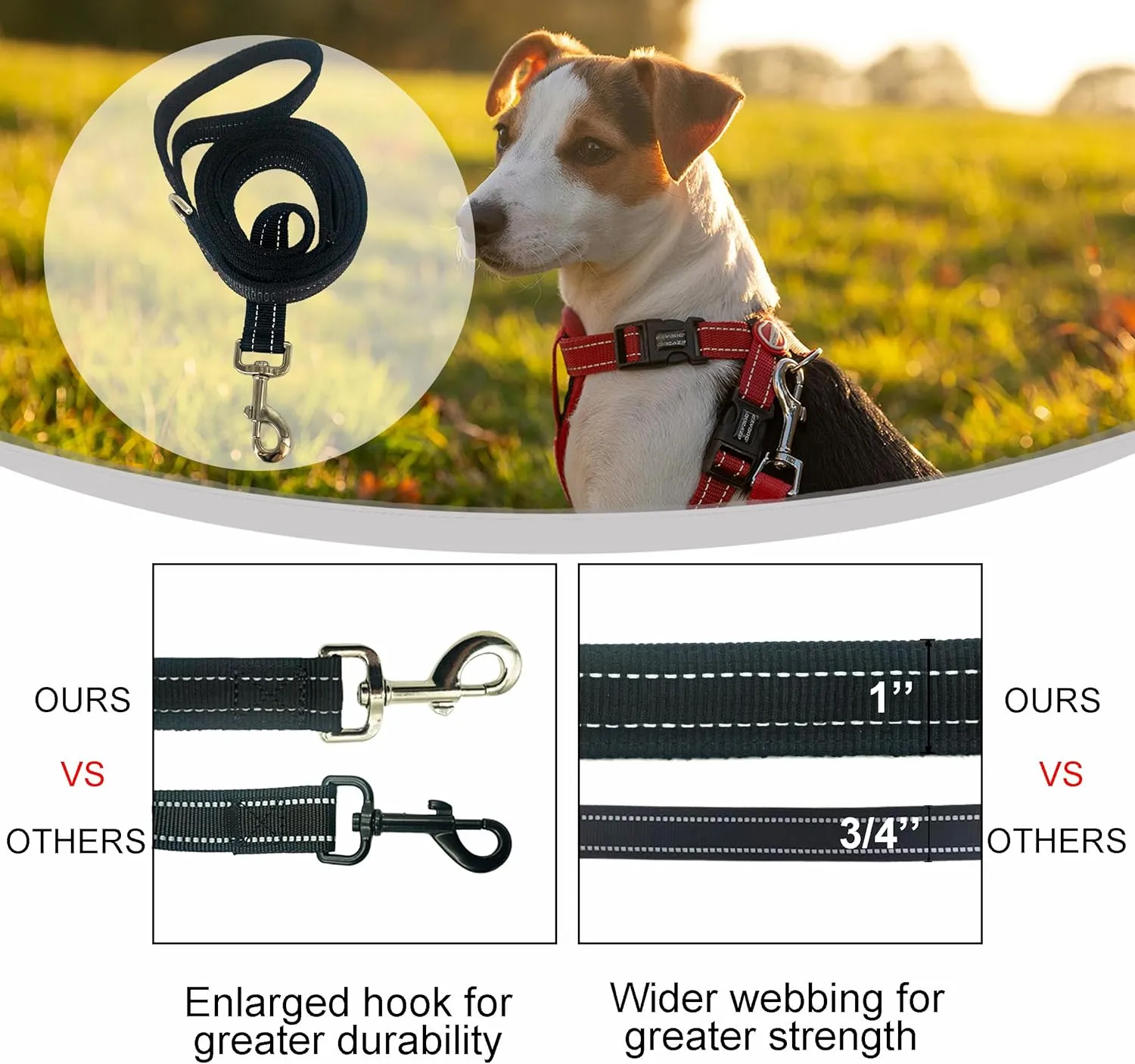 Dual Padded Handle Walking And Training Standard Leashes For Large Dogs With Reflective Stitching,360 Rotatable Heavy Duty Metal Buckle,D-Ring,Durable Nylon,6Ft Long For Big Dogs Over 70 Pounds Black