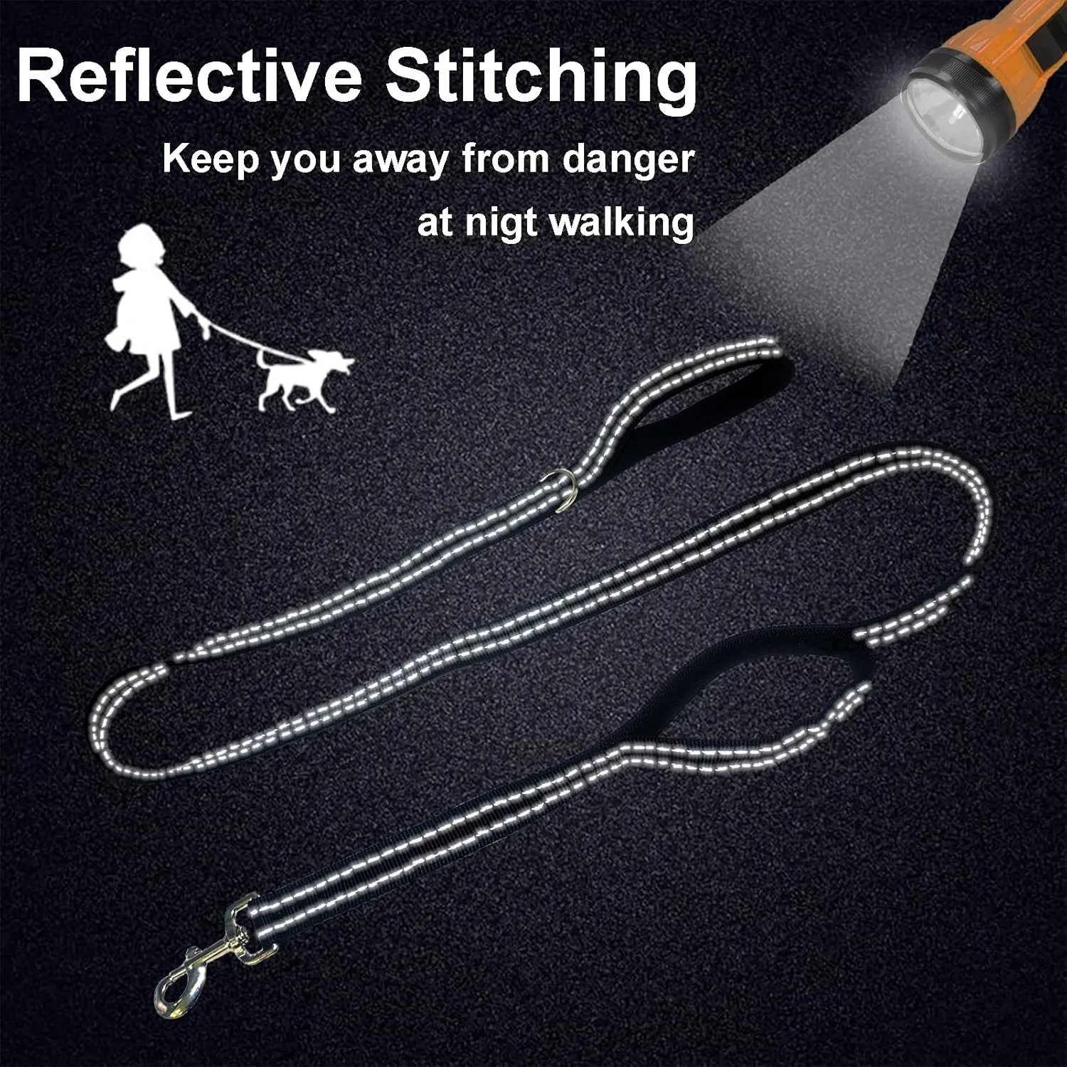 Dual Padded Handle Walking And Training Standard Leashes For Large Dogs With Reflective Stitching,360 Rotatable Heavy Duty Metal Buckle,D-Ring,Durable Nylon,6Ft Long For Big Dogs Over 70 Pounds Black