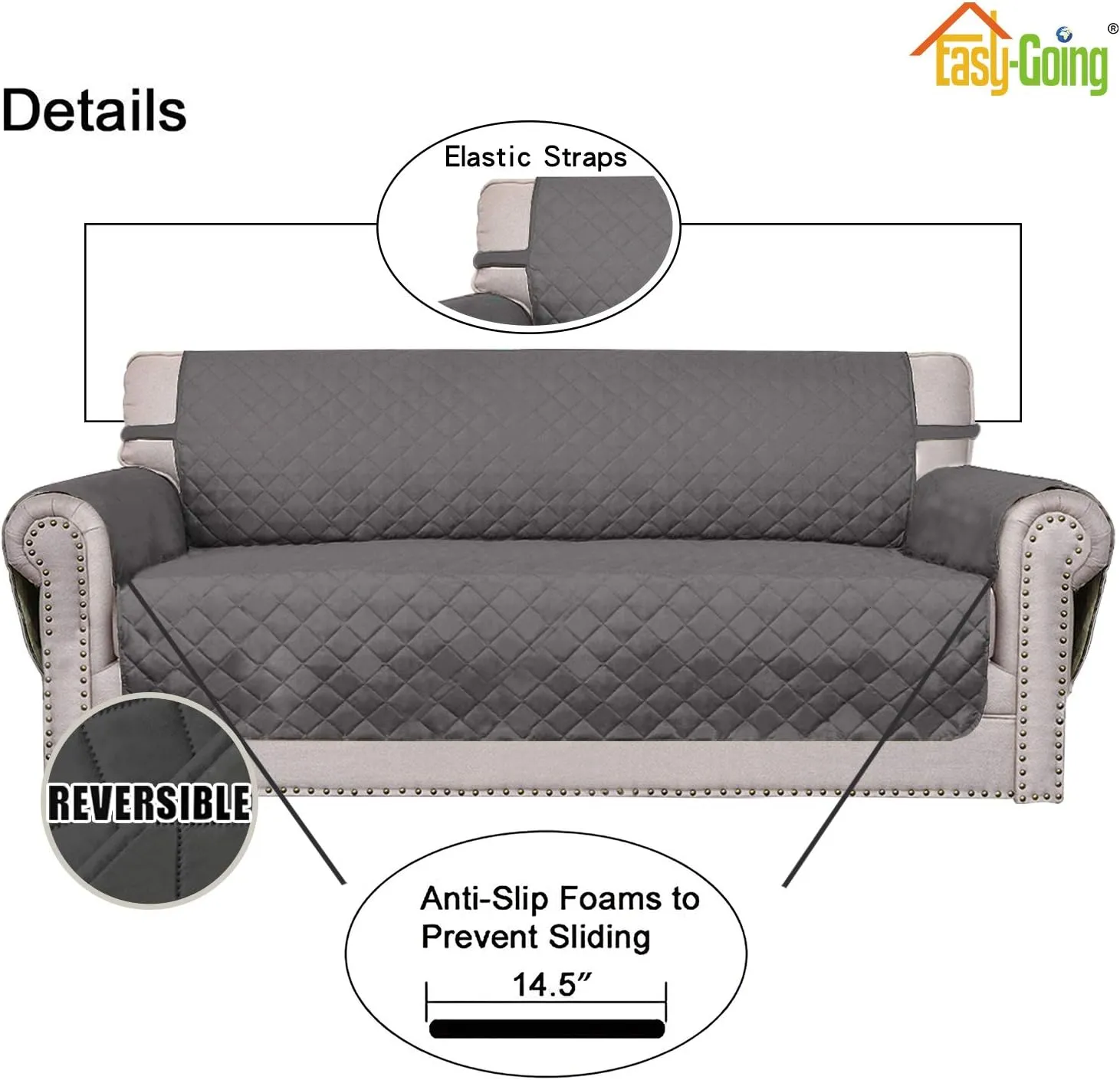 Easy-Going Reversible Oversized Couch Cover for 3 Cushion Couch Sofa Cover for Dogs Water Resistant Furniture Protector Cover with Foam Sticks for Pet Cat (Oversized Sofa, Gray/Gray)