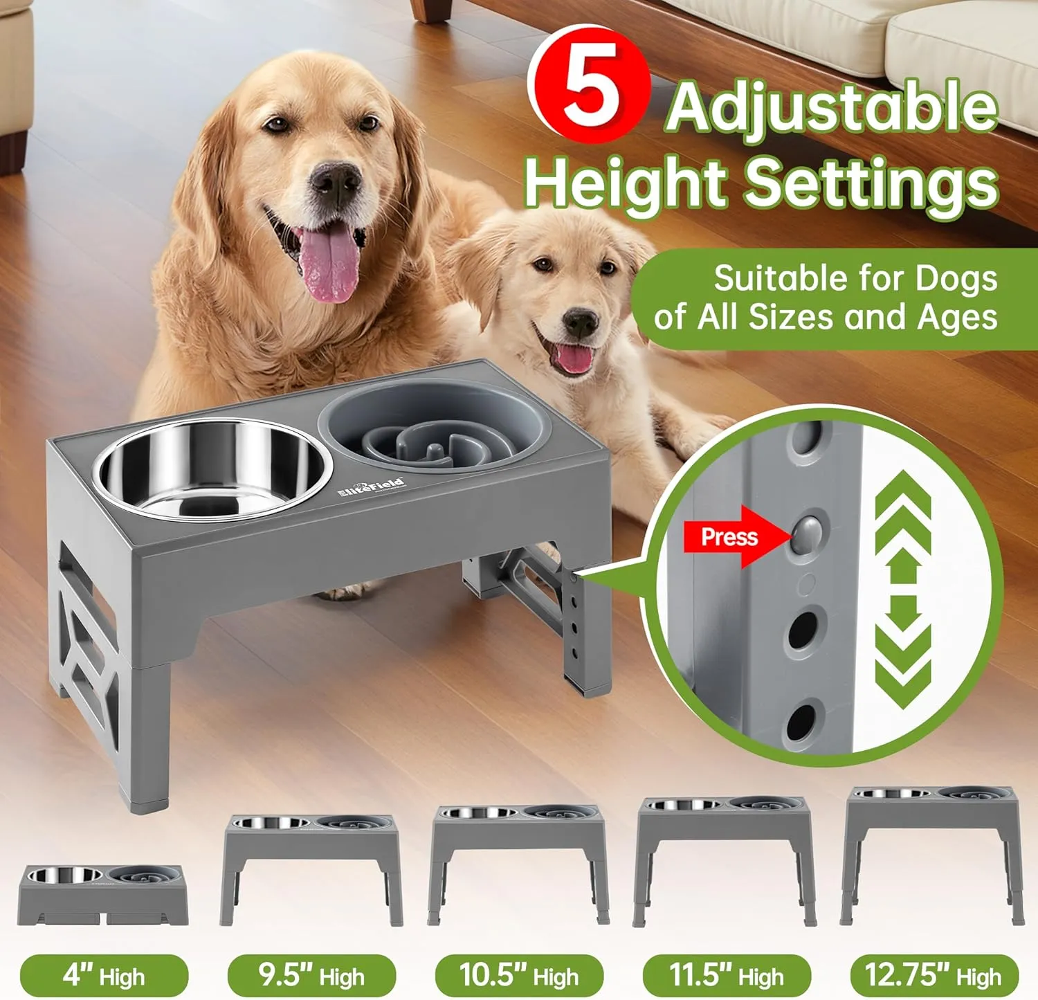EliteField Elevated Dog Bowls (2-Year Warranty), Two 58 oz Stainless Steel Food Bowls, 5 Adjustable Raised Heights (4", 9.5", 10.5", 11.5", 12.75") Suitable for Dogs of All Ages, Small to Large Sizes