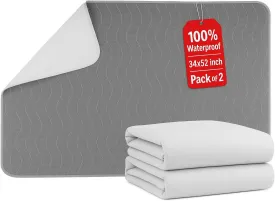 Epicessentials Incontinence Bed Pads Washable Waterproof - 34" x 52" Reusable Underpads Chucks Holds Up to 6 Cups - 500 GSM Heavy Absorbency Pee Pads for Adults, Dogs and Kids - 2 Pack - Grey/White