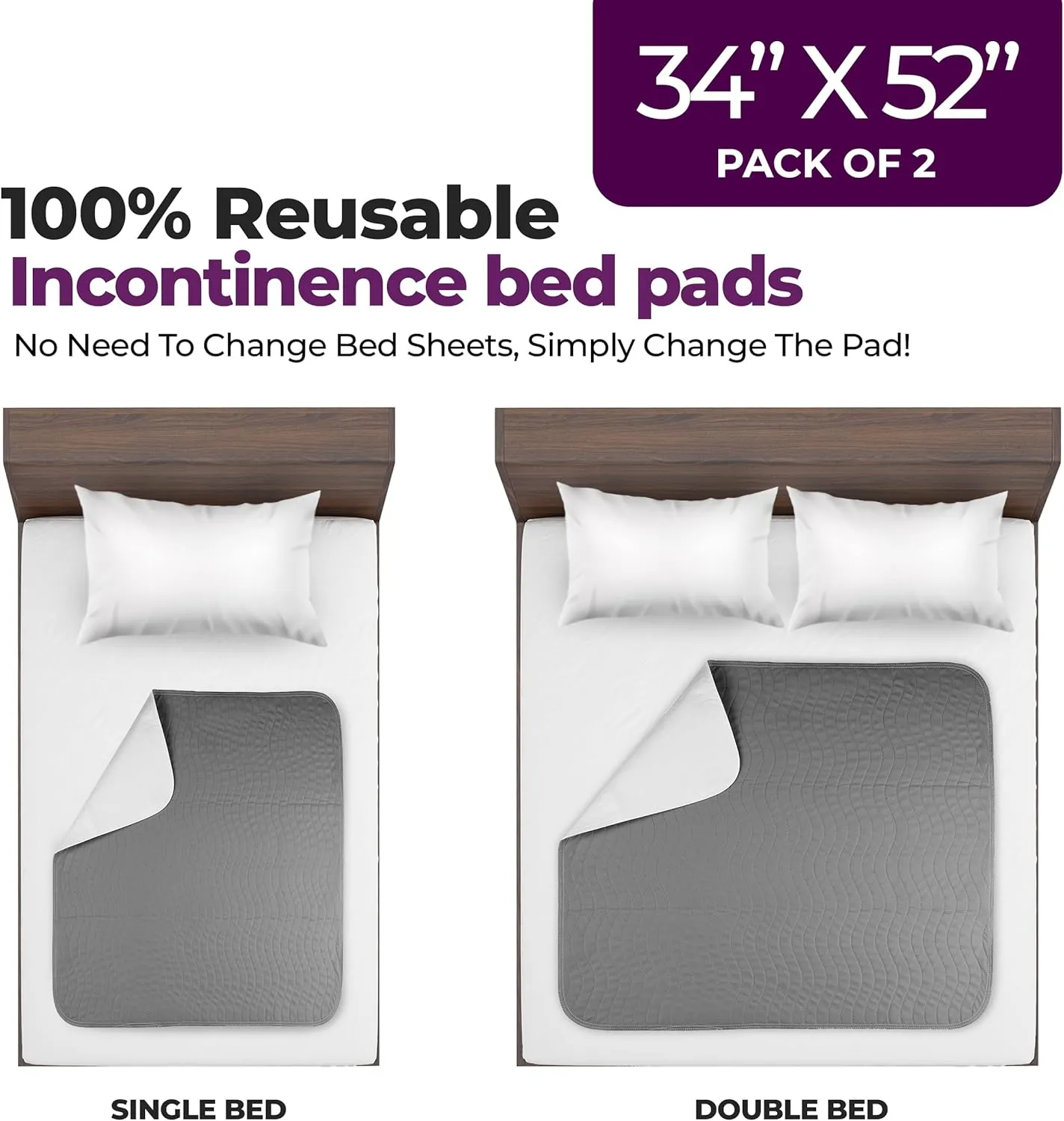 Epicessentials Incontinence Bed Pads Washable Waterproof - 34" x 52" Reusable Underpads Chucks Holds Up to 6 Cups - 500 GSM Heavy Absorbency Pee Pads for Adults, Dogs and Kids - 2 Pack - Grey/White