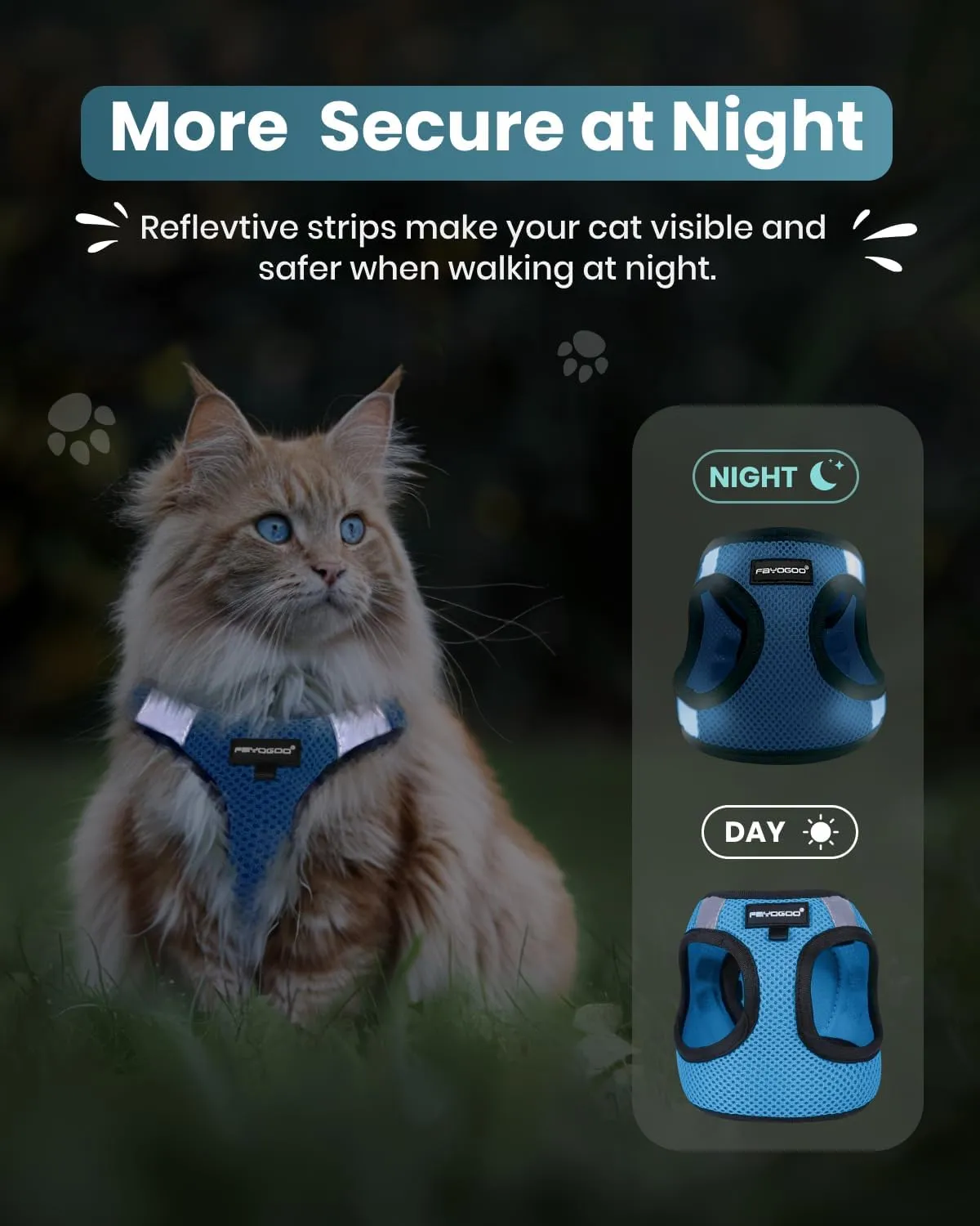 FAYOGOO Cat Harness, Cat Leash and Harness Set for Walking Escape Proof, Harness for Small Cats/Small Dogs, Large Kitten/Puppy Harness and Leash, Harness for Cats S-XXL(Tranquil Teal, Medium)
