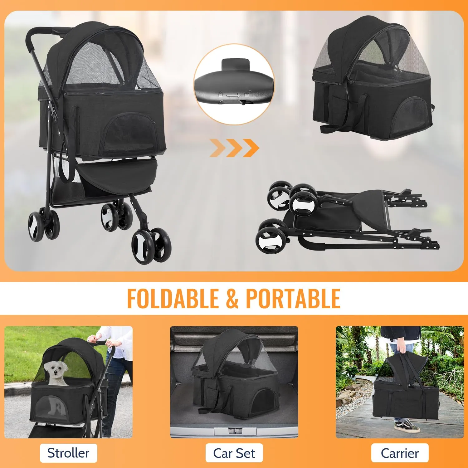 FDW 3-Wheels Multi-Function Pet Stroller - Lightweight Travel Jogging Stroller for Small and Medium-Sized Pets, Black