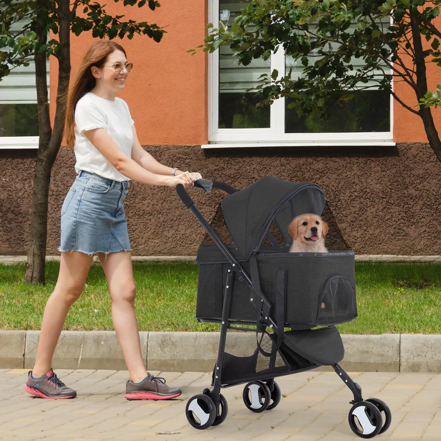FDW 3-Wheels Multi-Function Pet Stroller - Lightweight Travel Jogging Stroller for Small and Medium-Sized Pets, Black