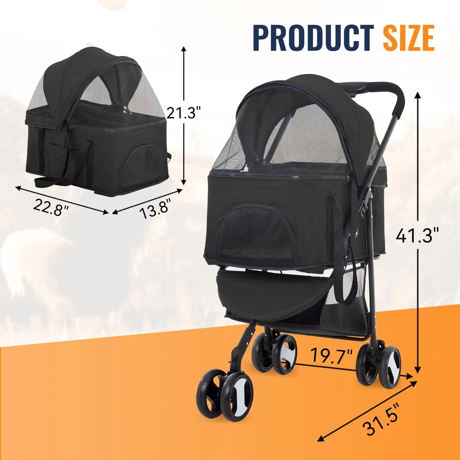 FDW 3-Wheels Multi-Function Pet Stroller - Lightweight Travel Jogging Stroller for Small and Medium-Sized Pets, Black