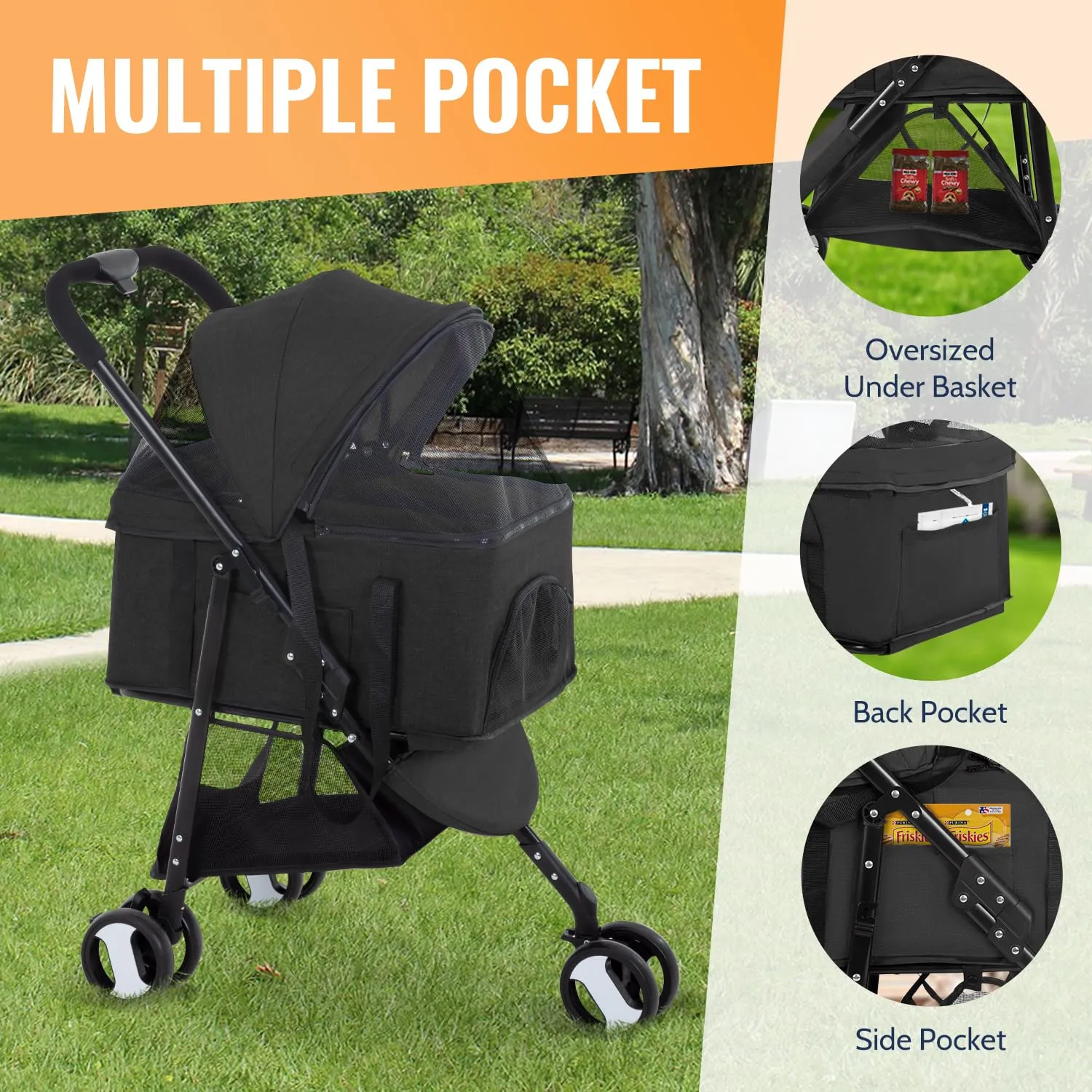 FDW 3-Wheels Multi-Function Pet Stroller - Lightweight Travel Jogging Stroller for Small and Medium-Sized Pets, Black